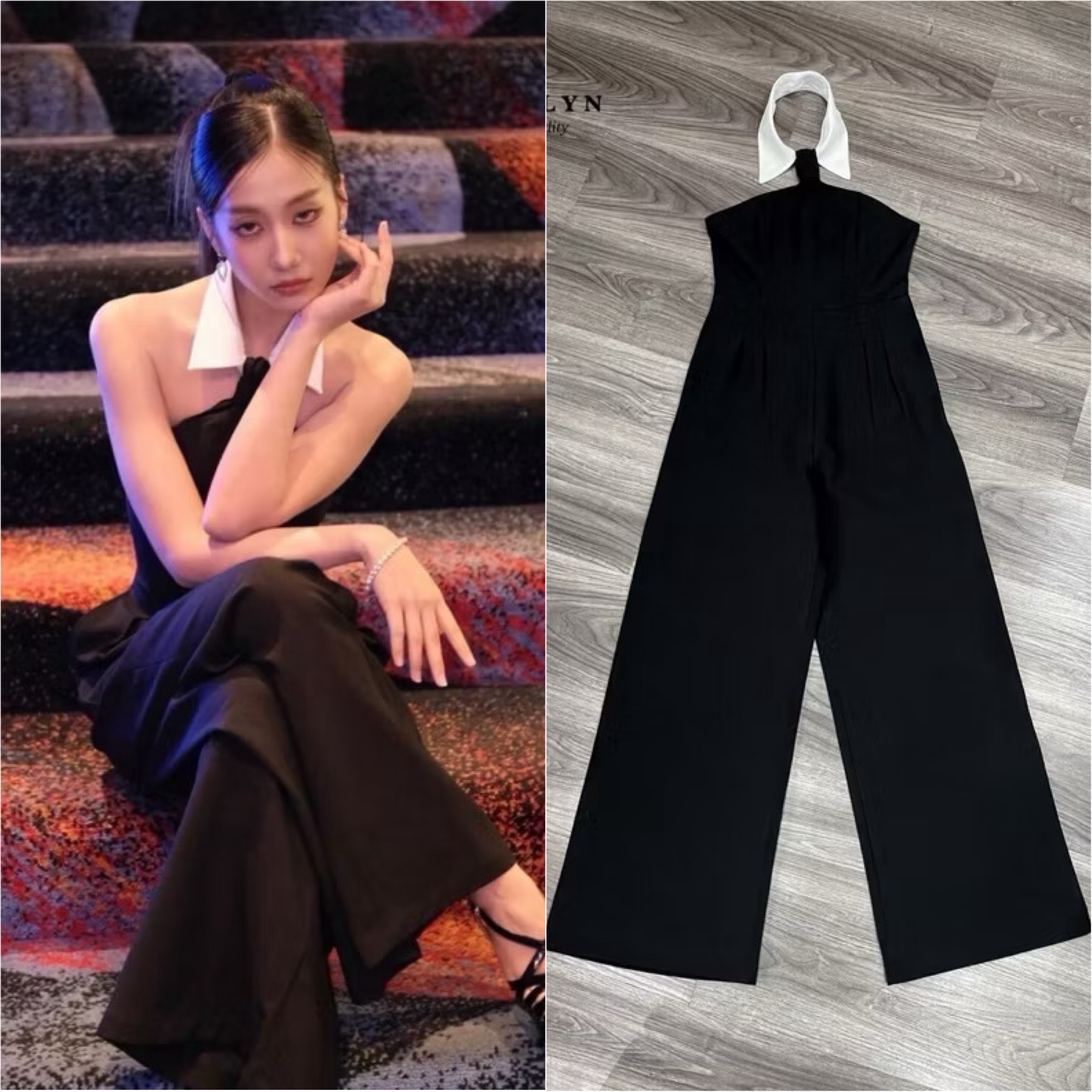 จั๊มสูทขายาวกึ่งเกาะอก แต่งคอปกคล้องคอตรงกลางแต่งเหมือนเนกไทน์ในตัวสุดเก๋ ใส่สบาย : สินค้าคุณภาพ (พร้อมส่ง)