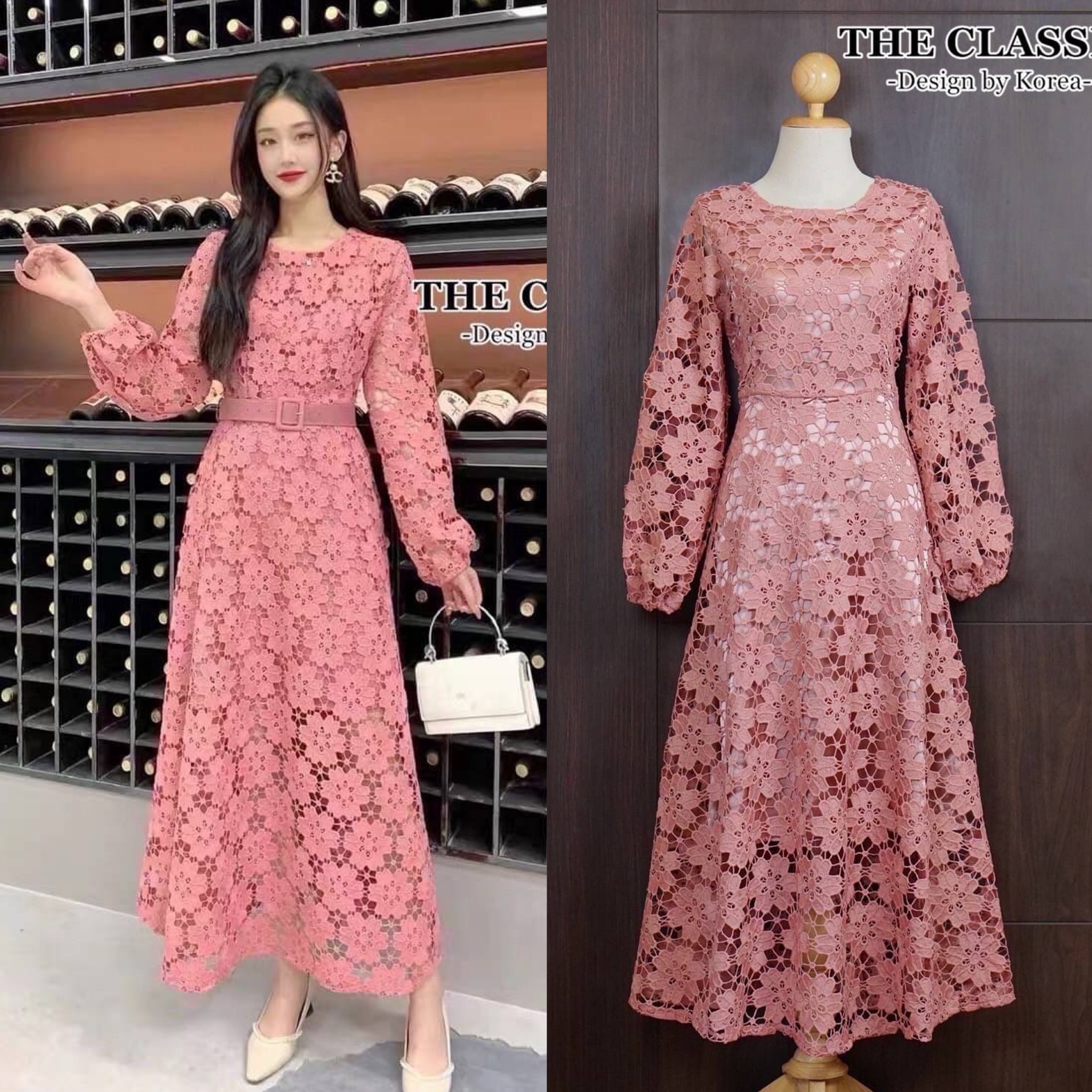 เดรสลูกไม้แขนยาว+เข็มขัด : สินค้าคุณภาพ (พร้อมส่ง)