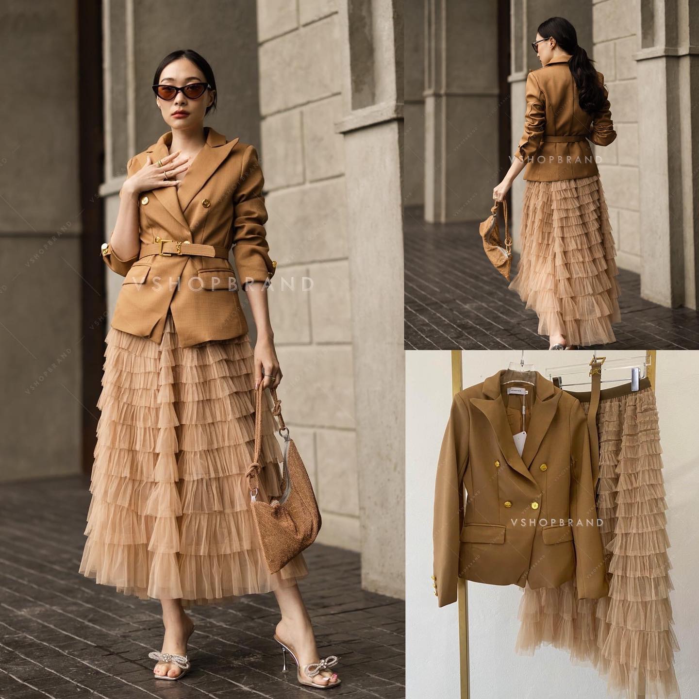 Set สูทแขนยาวกระดุมทอง ผ้าสูทเนื้อดี เย็บติดซับมาพร้อมเข็มขัด YS.L แมทช์คู่กับกระโปรงทรงระบาย หลายเลเยอร์ ขอบเอวสม็อค งานฟรุ้งฟริ้ง ใส่สบายๆ สินค้าคุณภาพ (พร้อมส่ง)