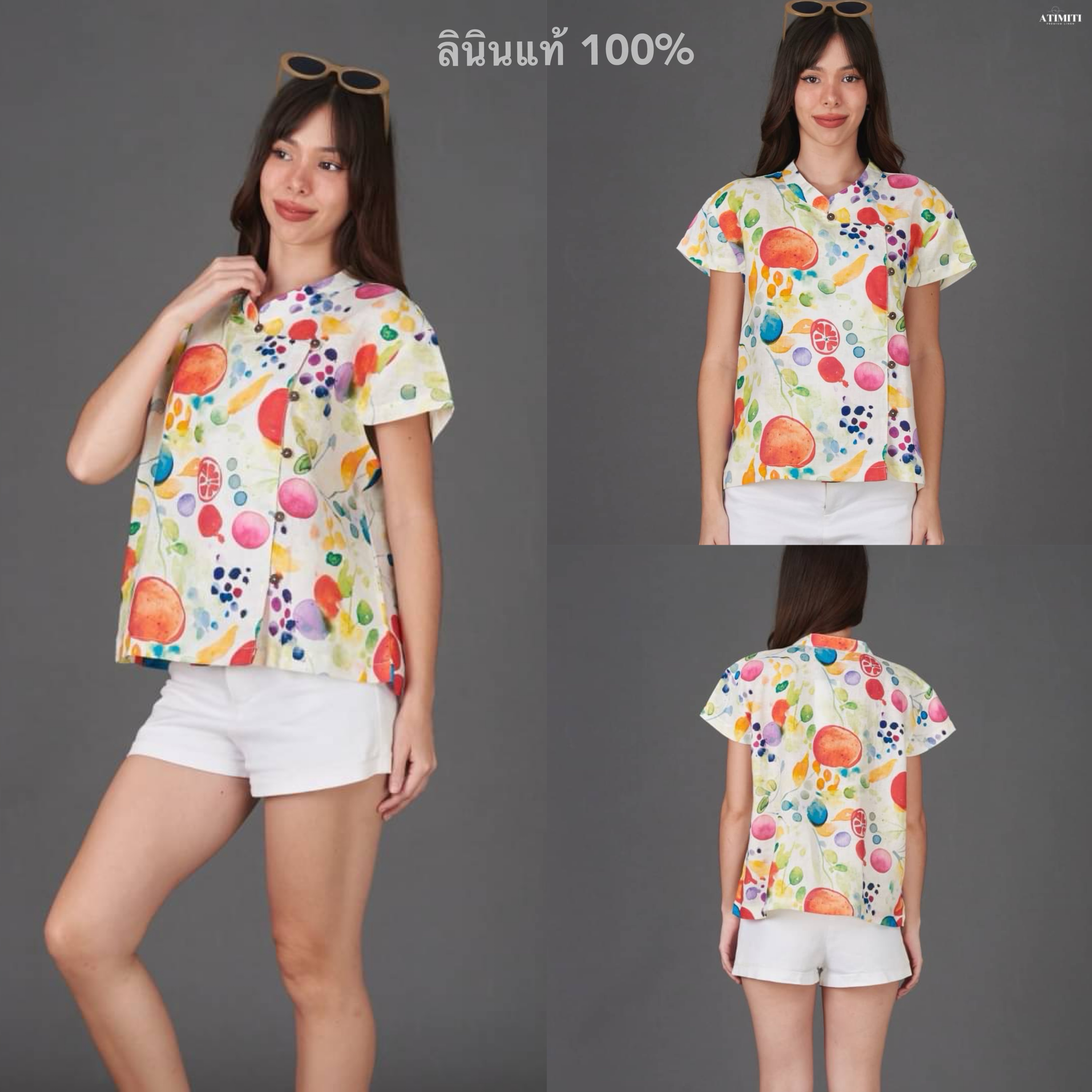 เสื้อเชิ้ต คอจีน ลินินแท้ 100% ทรงญี่ปุ่น ลายผลไม้สดใส ใส่สบาย : สินค้าคุณภาพ (พร้อมส่ง) สำเนา