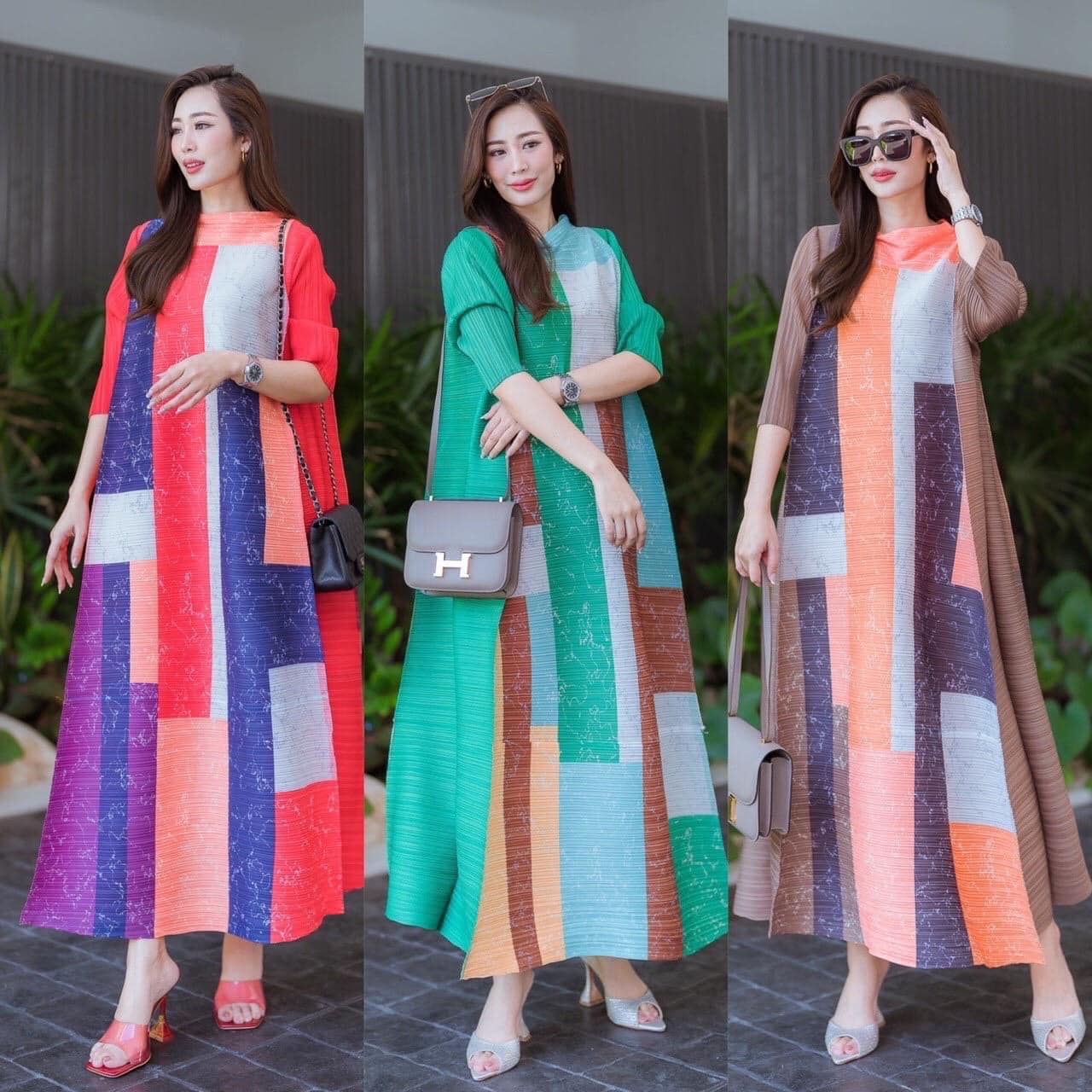 แม็กซี่เดรสตัวยาว งานอัดพลีท AA Premium สวยไฮโซ ทรงคอปีนรอบตัว แพทเทิร์นตั้งฉาก 6 เหลี่ยม ตีเกร็ดรอบตัว สินค้าคุณภาพ (พร้อมส่ง)