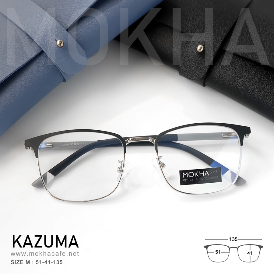 KAZUMA - black silver กรอบแว่นโลหะ กรอบทรงเหลี่ยม ขาสปริง clubmaster กว้าง 135 มม. (sizeM) H41