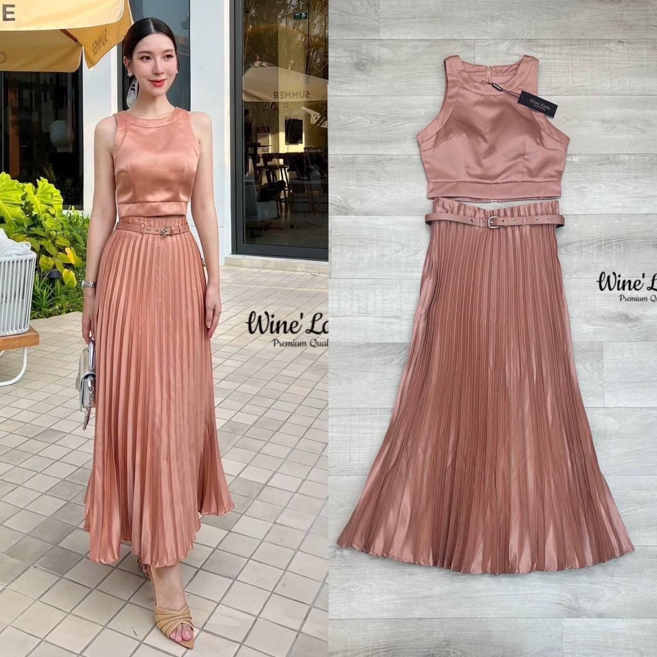 Set 3 Pcs.เซ็ทเสื้อครอปแขนกุด มาพร้อมกับกระโปรงอัดพีทพริ้วๆ กระโปรงผ้ามีน้ำหนัก มีเข็มขัดเข้าเซ็ทอีกหนึ่ง ครบเครื่องมากแม่ ใส่สบาย สินค้าคุณภาพ (พร้อมส่ง)