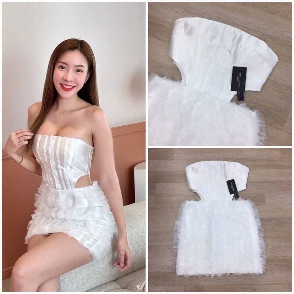 เดรสเกาะอกทรงพอดีตัว เว้าเอว กระโปรงเเต่งริ้ว ใส่สวยน่ารักมากๆ ใส่สบาย สินค้าคุณภาพ (พร้อมส่ง)