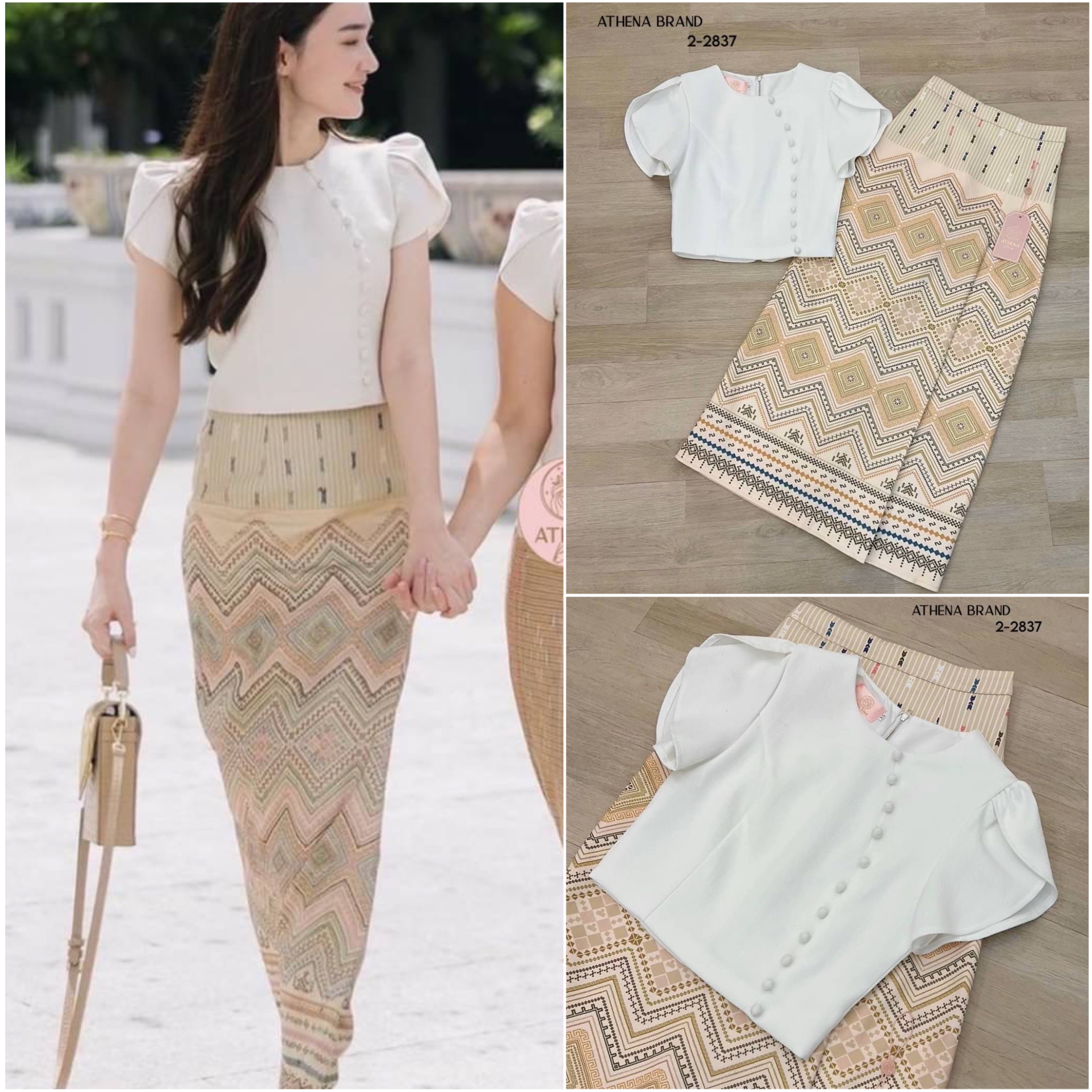 ชุดไทย Set 2ชิ้น เสื้อ+กระโปรง เสื้อคอกลมแขนระบาย ด้านหน้าตกแต่งกระดุมเรียง แมตช์มาคู่กับกระโปรงพิมพ์ลายป้ายทบคล้ายงานผ้าซิ่นป้ายสำเร็จทรงเข้ารูป สินค้าคุณภาพ (พร้อมส่ง)