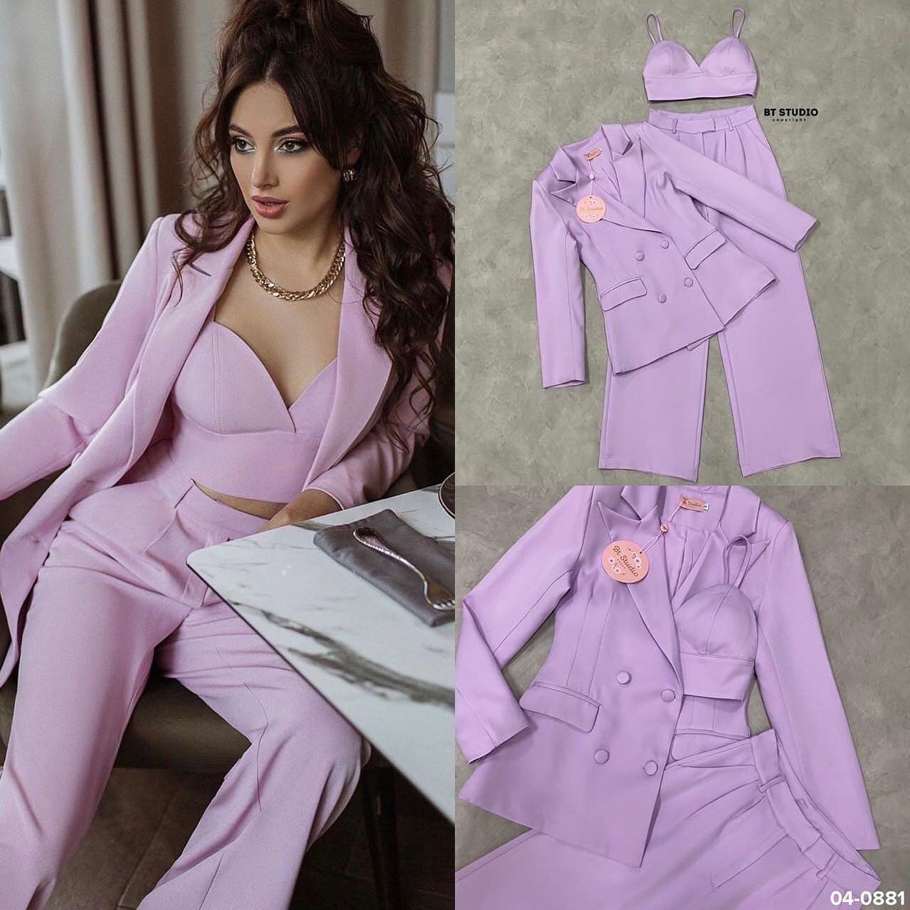 เซท 3 ชิ้น เสื้อครอปสายเดี่ยว ช่วงอก เสริมฟองน้ำ ด้านหลังแต่งกระดุม สายปรับได้ มาพร้อมเบเซอร์แขนยาวคอปกแต่งกระดุม 4 เม็ด แมทซ์กับกางเกงขายาวเอวสูง : สินค้าคุณภาพ (พร้อมส่ง)