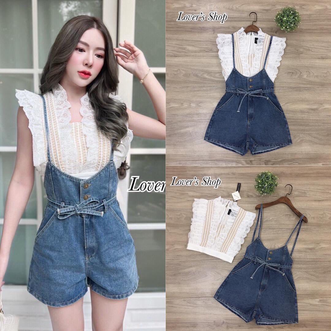 Set 2ชิ้น เอี้ยมยีนส์+เสื้อลูกไม้ เอี้ยมกางเกงผ้ายีนส์ ช่วงสายปรับได้ตาม ต้องการค่ะ ผ้ายีนส์อย่างดีค่ะงานซิบหลัง ใส่ง่าย . สินค้าคุณภาพ (พร้อมส่ง)