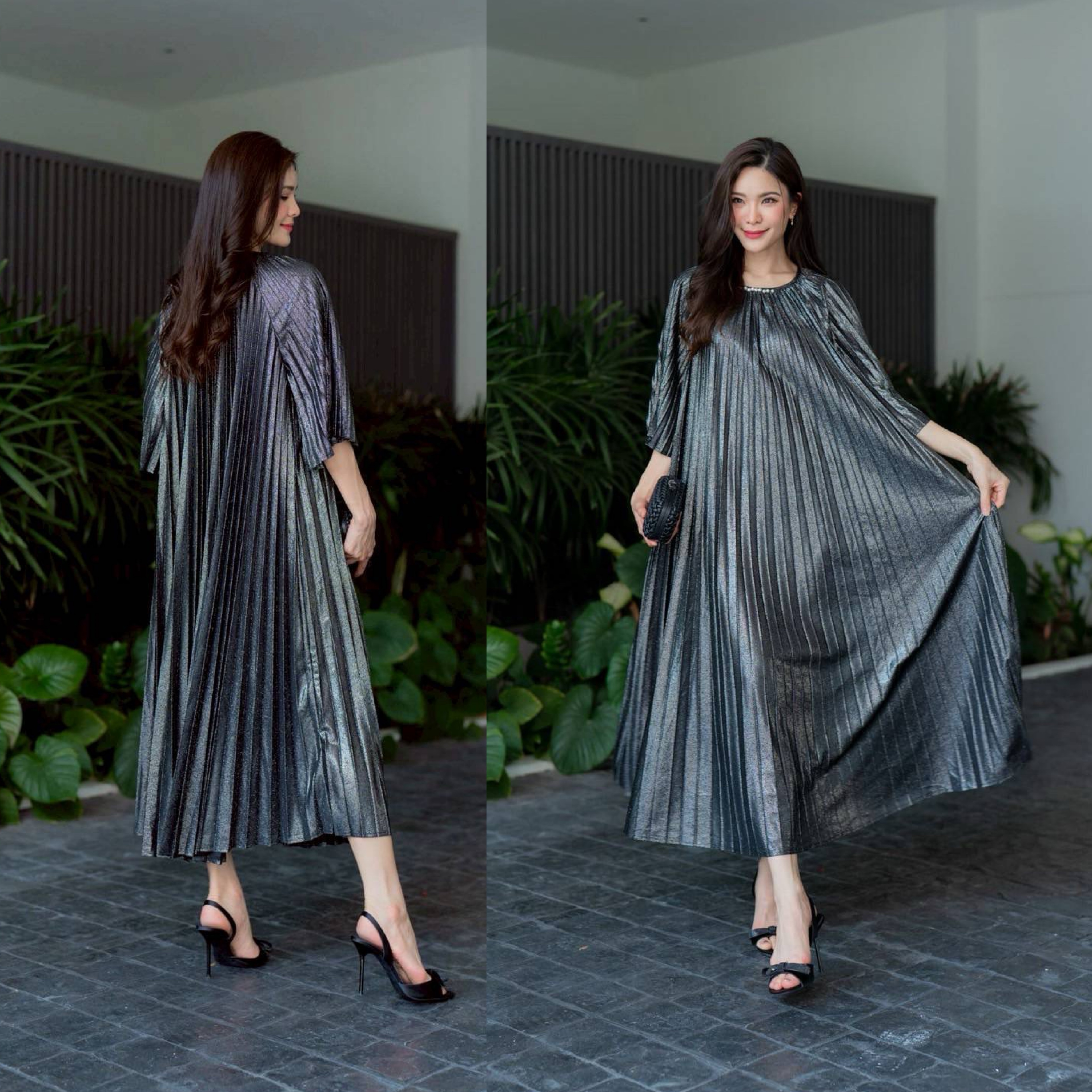 ชุดเดรสตัวยาว ทรงคอกลม แขน 4 ส่วน ใส่หลวมๆ สบายๆ แบบพริ้วๆ ความยาว 💘 กำลังดีงาม อัดพลีทเนื้อแน่น AA Premium ผ้าเมทาลิคเนื้อดี สีเหลือบทอง วิบวับ ใส่สบาย : สินค้าคุณภาพ (พร้อมส่ง)