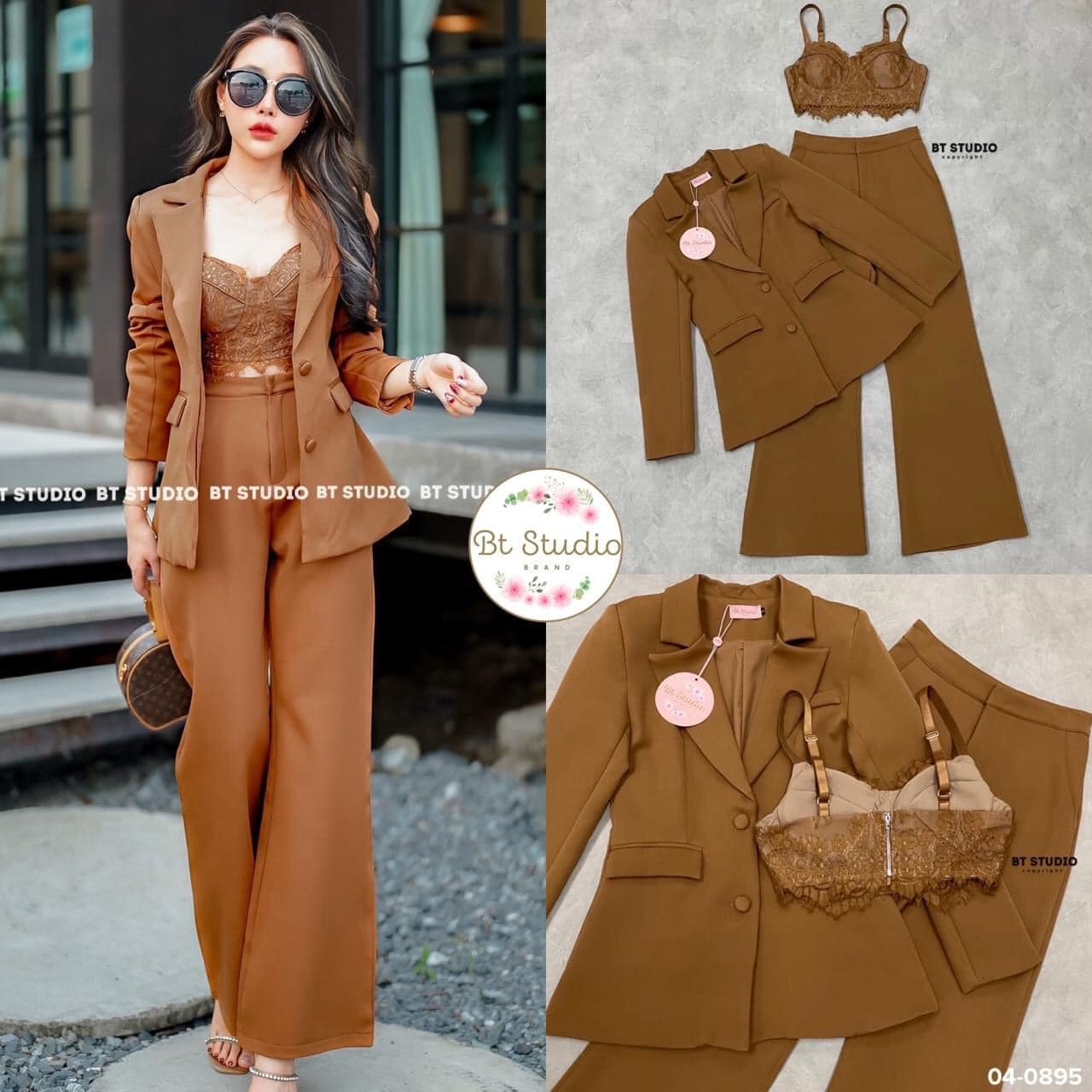 เซท 3 ชิ้น เสื้อเบเซอร์แขนยาวคอปก ปลายแขนแต่งกระดุมทั้งสองข้าง แมทซ์กับเสื้อ บราสั้นซิปหลัง ช่วงอกเสริมฟองน้ำ สายปรับได้ แมทซ์กับกางเกงขายาวเอวสูง : สินค้าคุณภาพ (พร้อมส่ง)