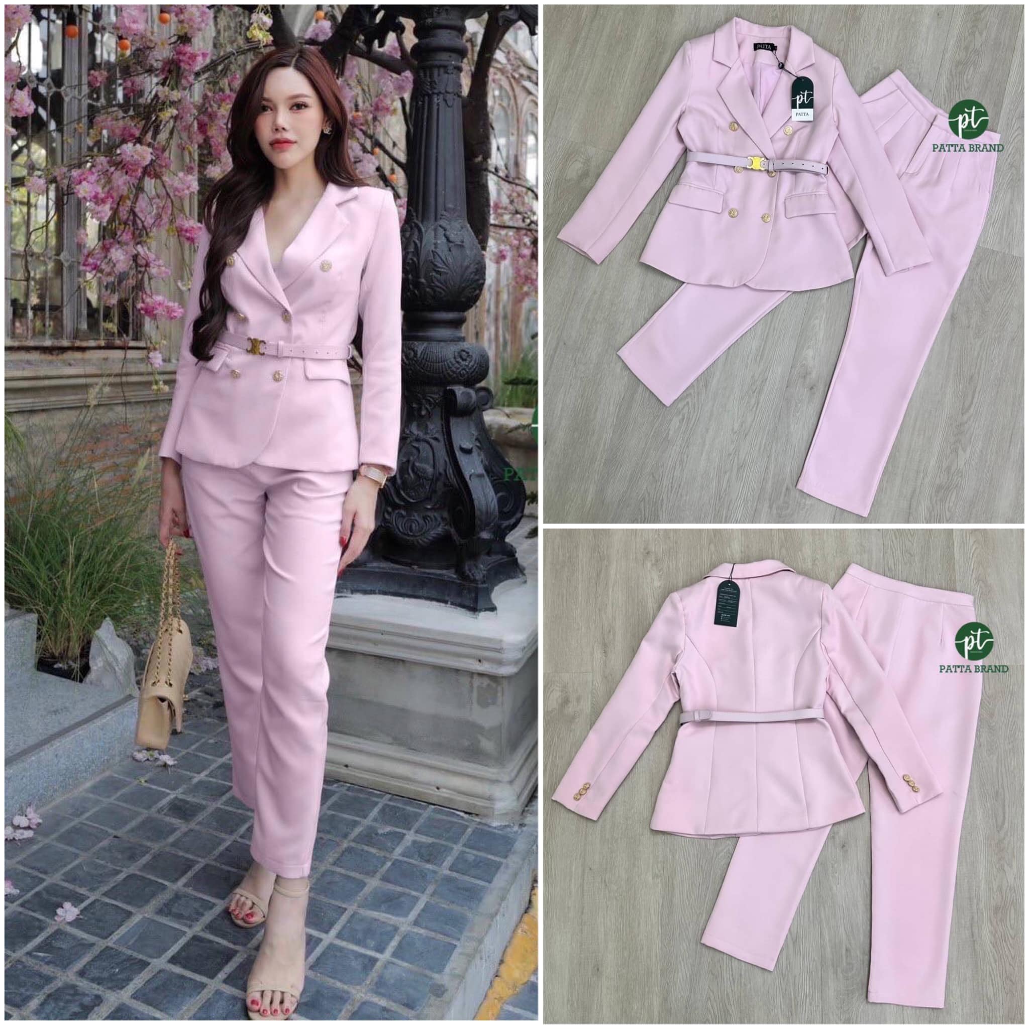 set สูท2ชิ้น เสื้อสูทคอปกแขนยาว แต่งกระดุมหน้าสีทองปั้มลาย 6 เม็ด มาพร้อมกับกางเกงขายาวสีเดียวกัน เพิ่ม เข็มขัดหัวสีทองใส่แมทเข้ากันมาก สินค้าคุณภาพ (พร้อมส่ง)