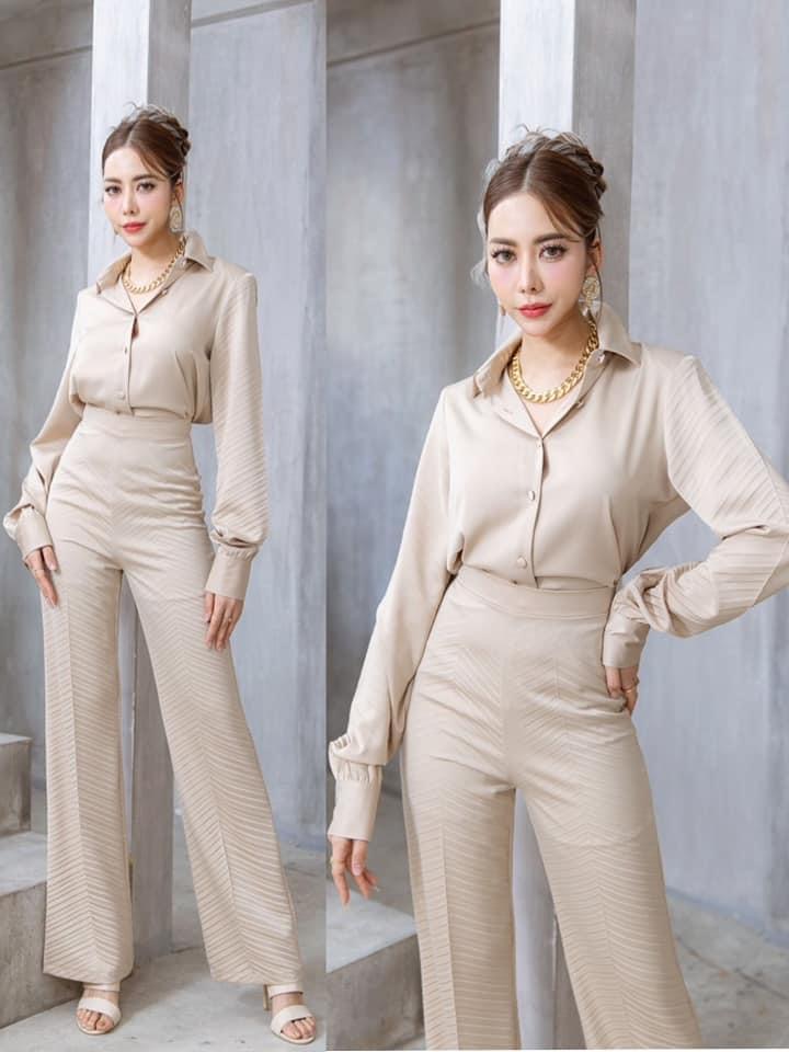 เซตเสื้อเชิ้ตผ้าเครปอัดพลีท+กางเกงทรงสวย เนื้อผ้าเครปกึ่งเงาเกรดเอ ใส่สบาย สินค้าคุณภาพ (พร้อมส่ง)