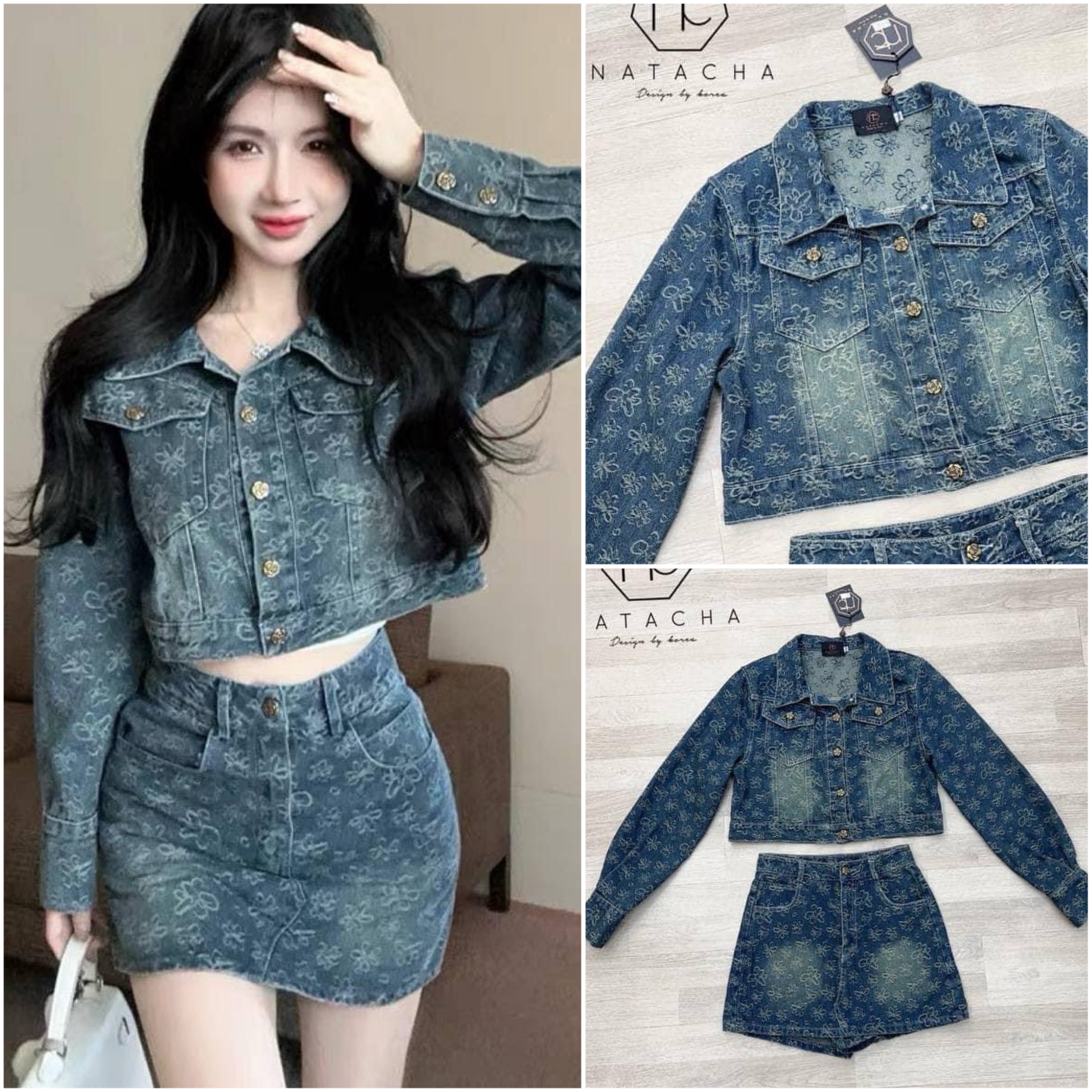 Set ยีนลายดอกไม้ สวยมากกผ้ายีน ลายดอกไมเฟอกสีเข้มอ่อน กระดุมดอกไม้สี ทอง กระโปรงกางเกง ใส่สบาย : สินค้าคุณภาพ (พร้อมส่ง)