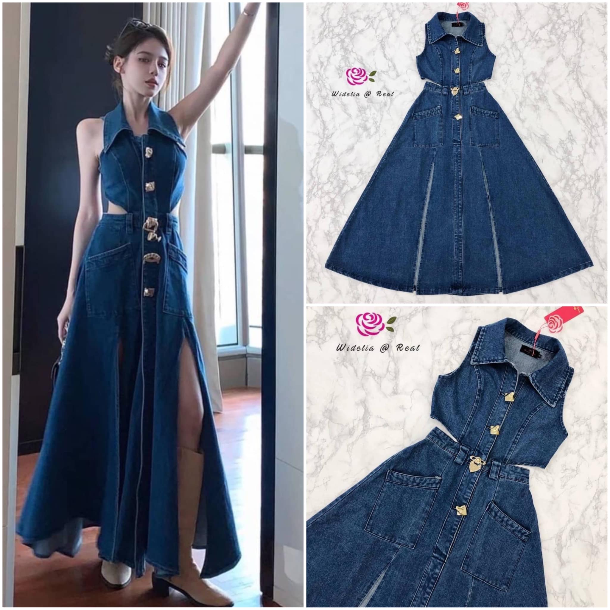 Maxi dress แม็กซี่เดรสแขนกุด แสนสวย เนื้อผ้ายีนส์แท้ งานเกรดพรีเมี่ยม 👍🏻 สินค้าคุณภาพ (พร้อมส่ง)