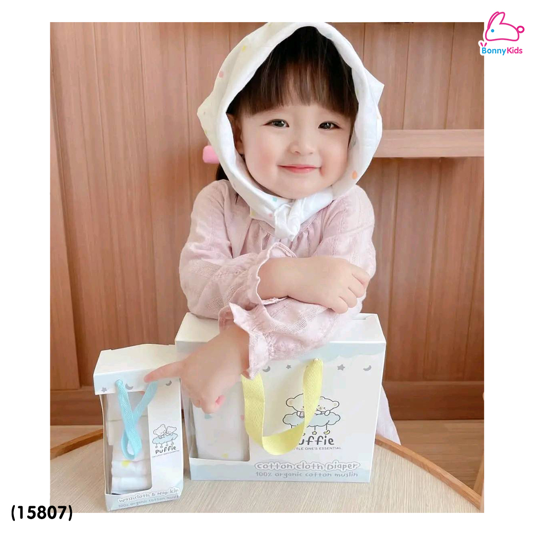 (15807) Puffie (พัฟฟี่) Cotton Cloth Diaper ผ้าอ้อมคอตตอน100% ขนาด 28×28 นิ้ว (บรรจุ 4 ผืน)