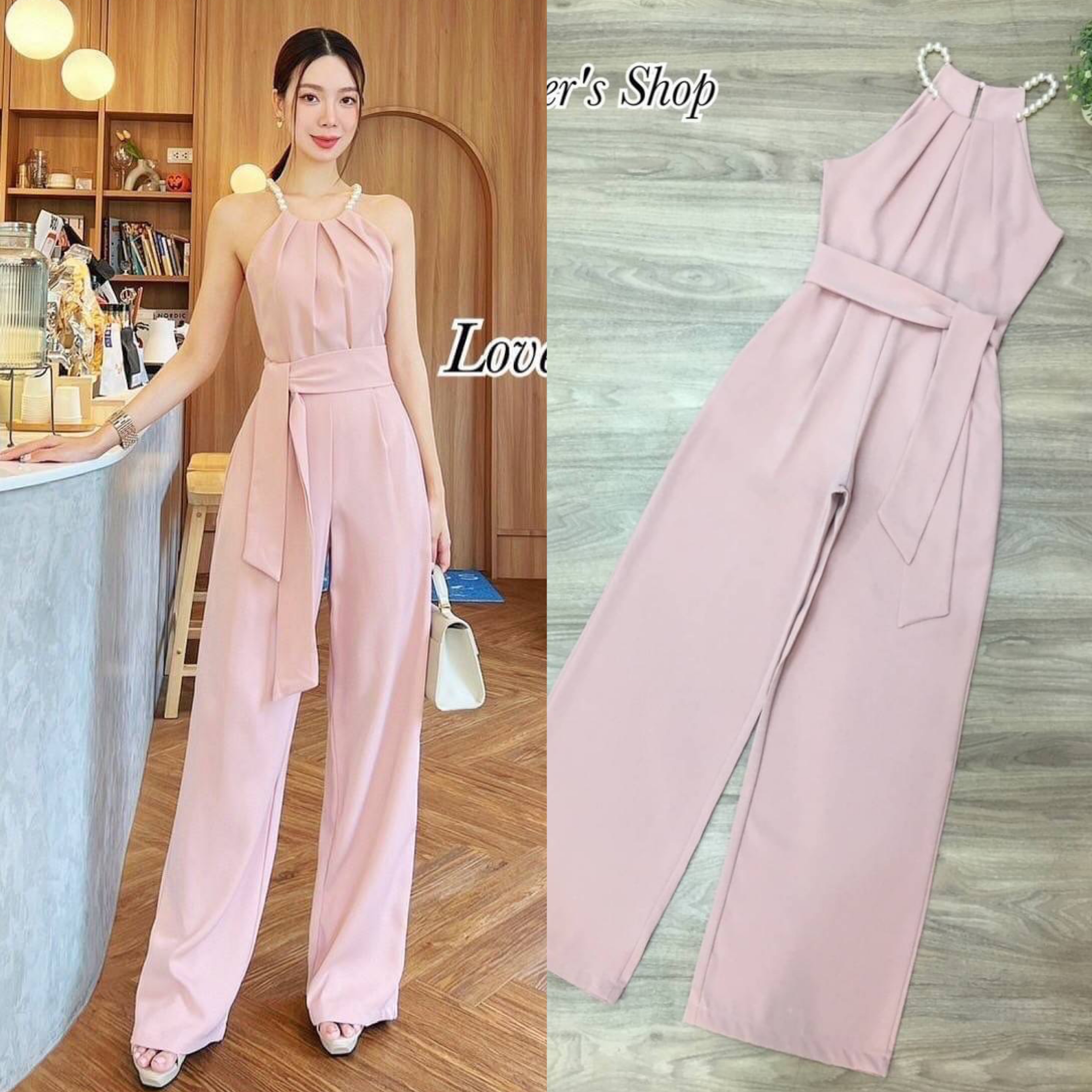 จั้มสูทกางเกงขายาว สายมุข ช่วงคอจับจีบ ทรงขากระบอกกลาง มาพร้อมเชือกผูกเอวเข้ารูป สินค้าคุณภาพ (พร้อมส่ง)