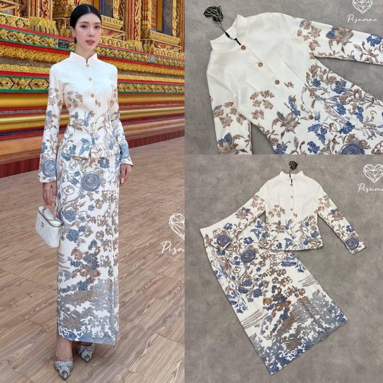 เซ็ตชุดไทยจิตรดาแขนยาวลายกราฟฟิกดอกไม้หรูหรา สง่างามคู่กับผ้าถุงลายไทย ใส่สบาย : สินค้าคุณภาพ (พร้อมส่ง)