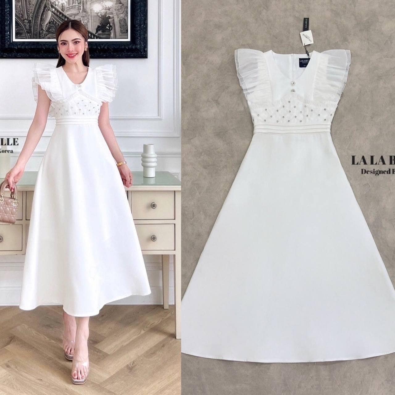 เดรสทรงกระโปรงบานเจ้าหญิงมา ผ้าสูทอัดกาวคอวีแขน ระบาย2ชั้น ใส่สบาย : สินค้าคุณภาพ (พร้อมส่ง)