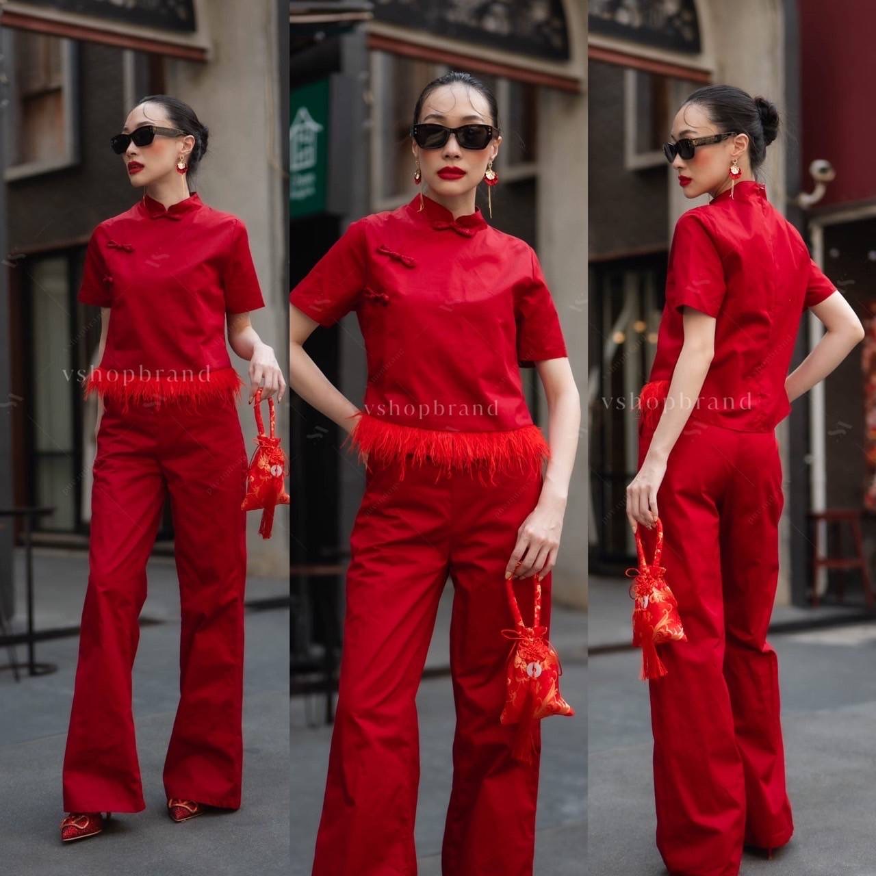 ชุดกี่เพ้า เสื้อคอจีนแขนสั้น ชายแต่งขน +กางเกงขายาว ใส่สบาย : สินค้าคุณภาพ (พร้อมส่ง)