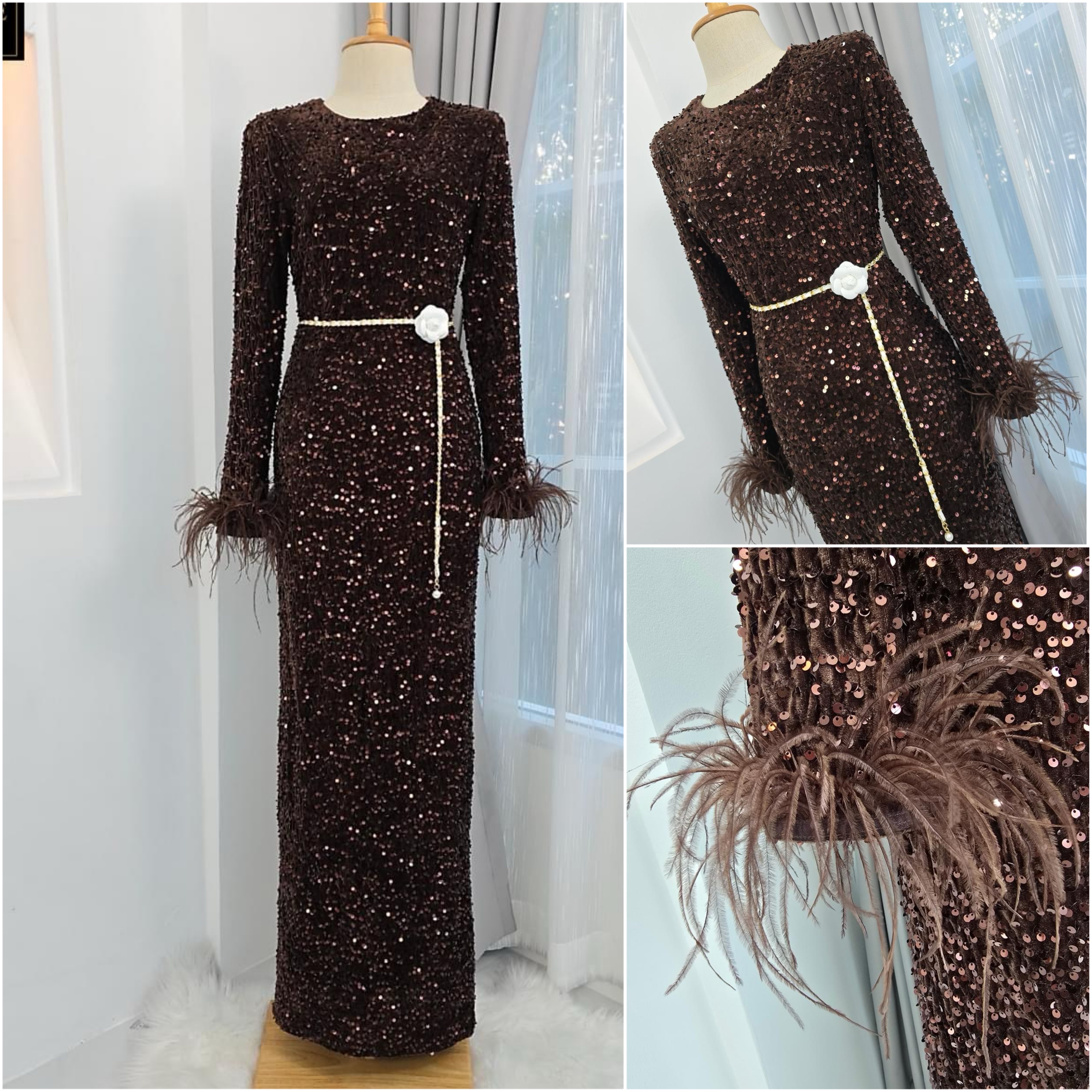เดรสตัวยาว คอกลมแขนยาว แพทเทิร์น ทรงสวย ปลายแขนแต่งด้วยขนนก ปักเลื่อมเล่นแสงระยิบระยับทั้งตัว มีซิปซ่อนและซับในเต็มตัวค่ะ ใส่สบาย : สินค้าคุณภาพ (พร้อมส่ง)