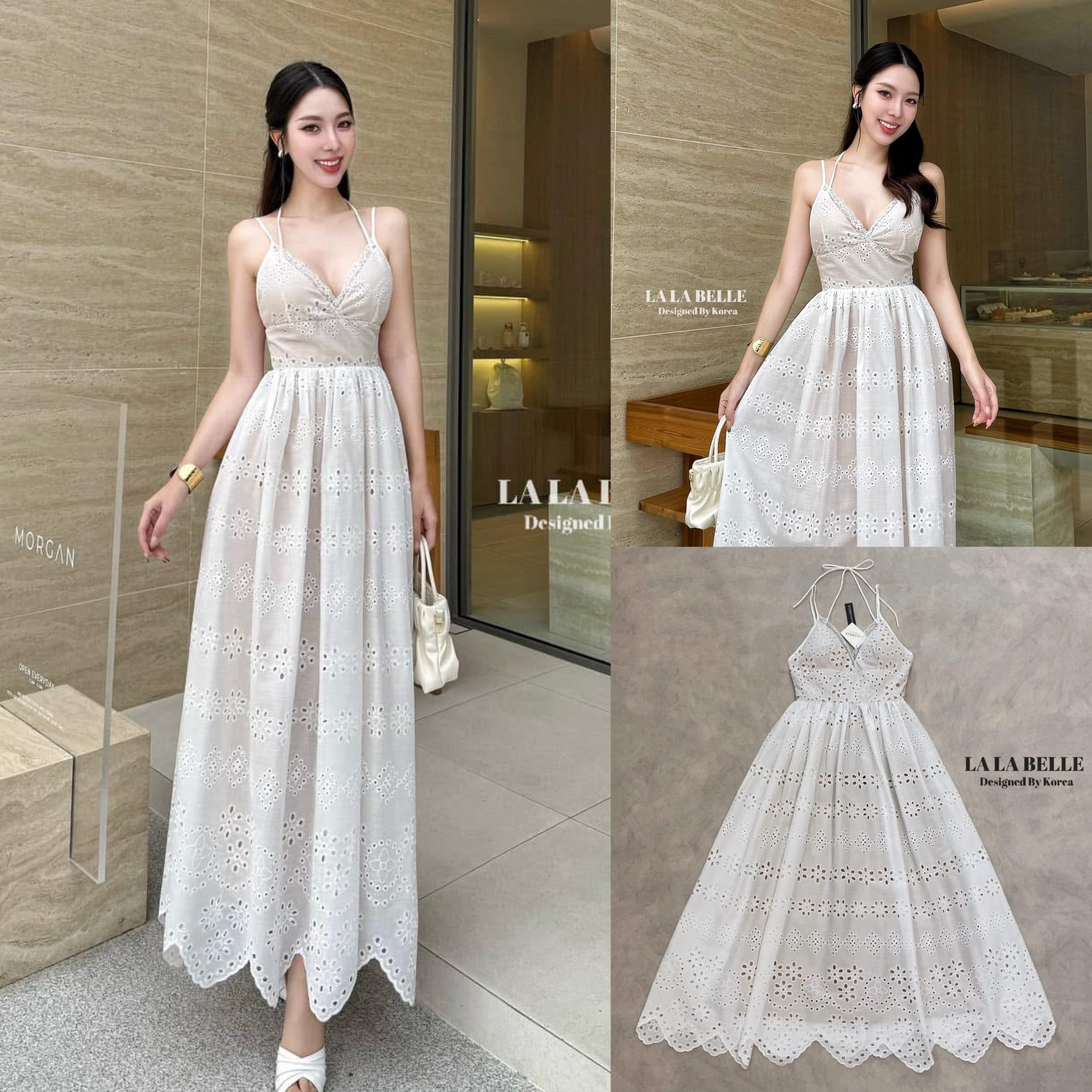 แม็กซี่เดรสผ้าลูกไม้ฉลุทั้งชุดสายเดี่ยวอกหัวใจเสริมฟองน้ำเดินขอบอกด้วยลูกไม้ซีทูมีสายคล้องคอผูกโบว์เอวเข้ารูปกระโปรงยาวมีซับใน ใส่สบาย : สินค้าคุณภาพ (พร้อมส่ง)