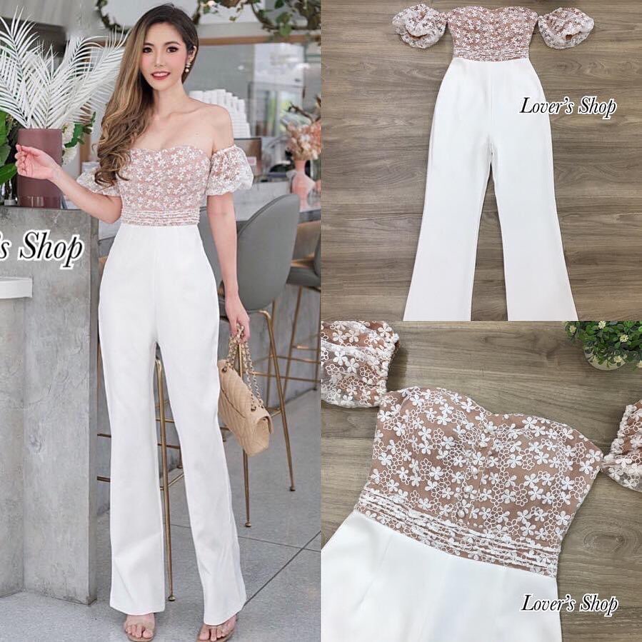 จั้มสูทกางเกงขายาว ลูกไม้เปิดไหล่ สวยหรูดูแพง . สินค้าคุณภาพ (พร้อมส่ง)