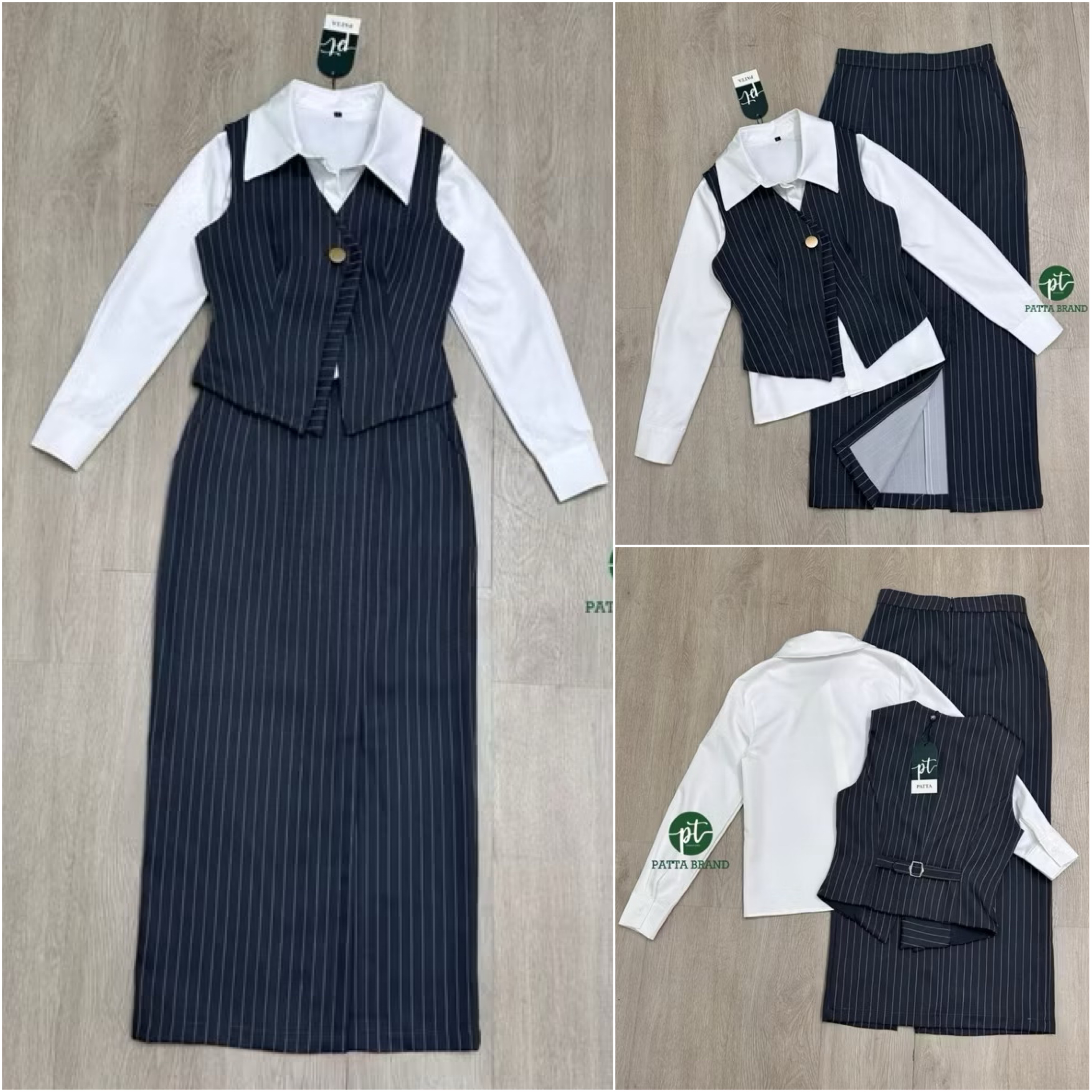 Set 3ชิ้ เสื้อกั๊กคอวีแขนกุดดีไซน์เฉียงเย็บ2ชั้นแต่งกระดุมหน้าใช้งานได้จริง ด้านหลังแต่งเข็มขัดปรับเข้ารูปให้ทรง มาคู่กับเสื้อเชิ้ตตัวในสีขาวมีกระดุมหน้า ดีไซน์เก๋ มาพร้อมกับกระโปรงยาวทรงตรงทรงสอบ ใส่สบาย : สินค้าคุณภาพ (พร้อมส่ง)