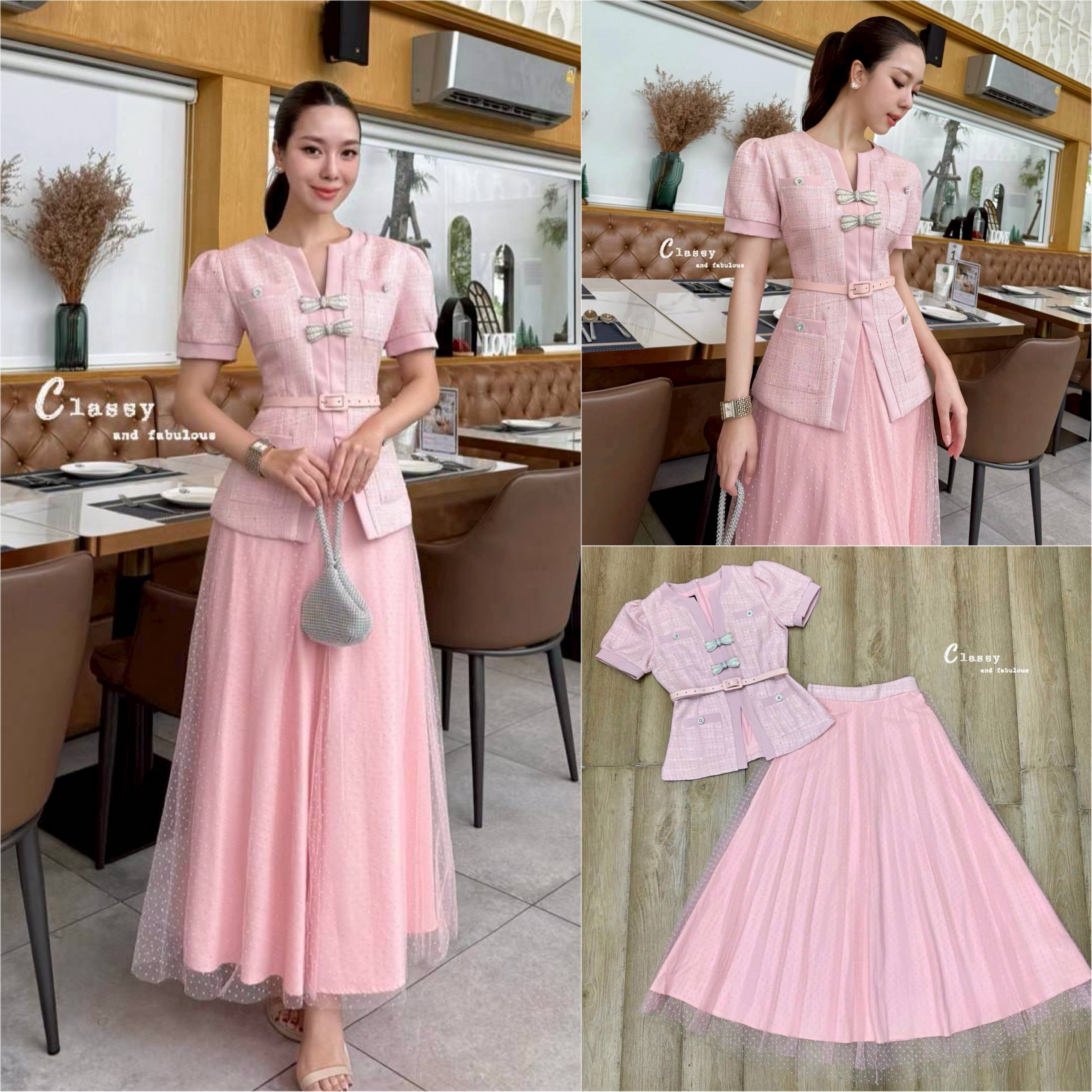 Set เสื้อผ้าทวิต designเก๋ หรูหรา คอวี มีเข็มกลัดมุกรูปโบว์ และเข็มขัดคุ้มค่า luxury สุด ใส่สบาย : สินค้าคุณภาพ (พร้อมส่ง)