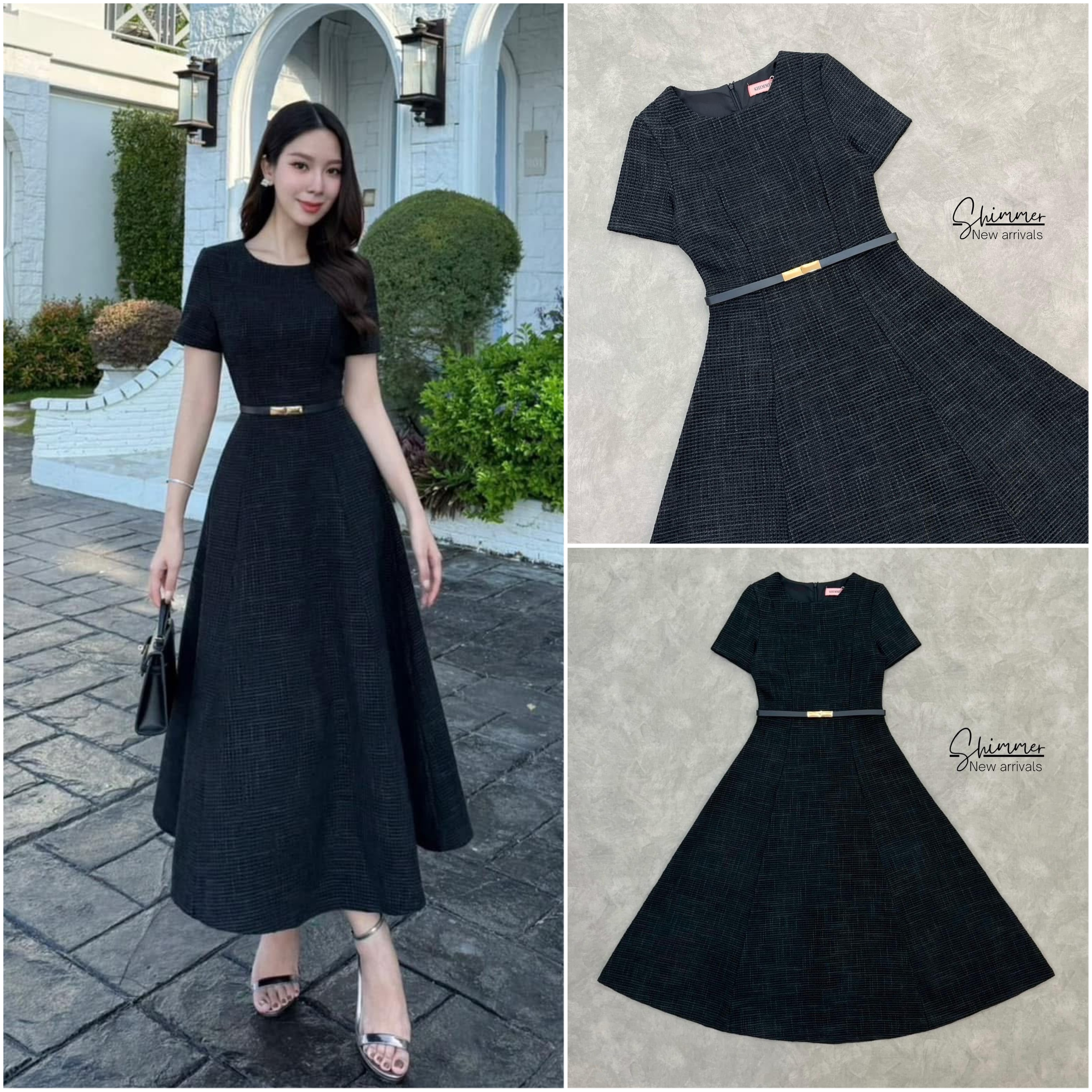 มิดิเดรสผ้าทวีดดีไซน์สุดคลาสสิค มาพร้อมเข็มขัดเข้าเซต ใส่สบาย : สินค้าคุณภาพ (พร้อมส่ง)