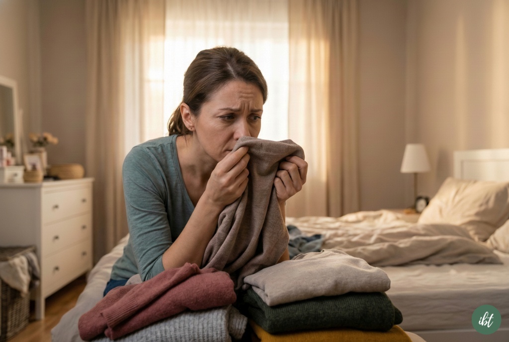 ผู้หญิงกังวลเรื่องกลิ่นตัว ดมกลิ่นเสื้อผ้า