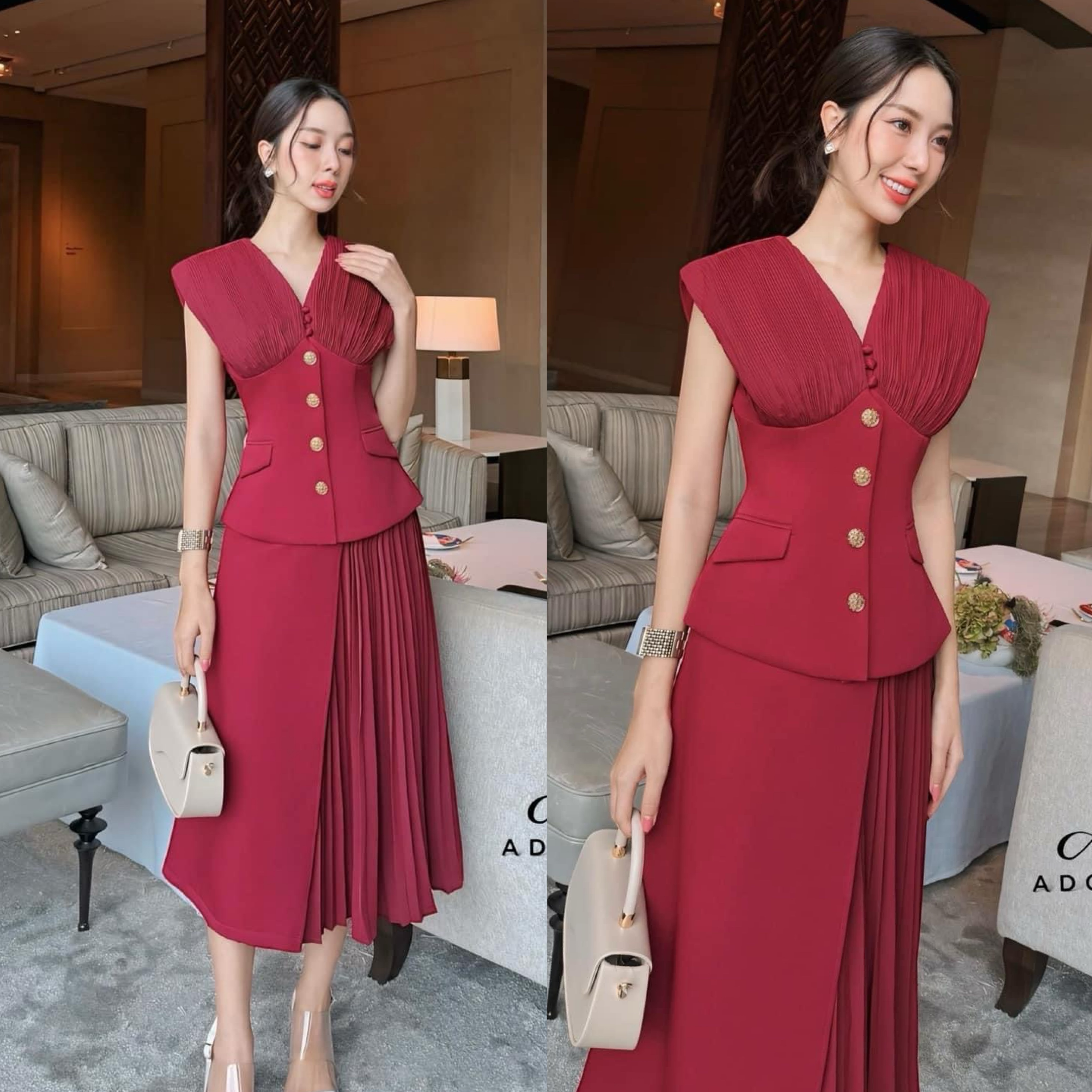 Set เสื้อคอวี +กระโปรงทรงเอ ตัดต่ออัดพลีท ใส่สบาย : สินค้าคุณภาพ (พร้อมส่ง)