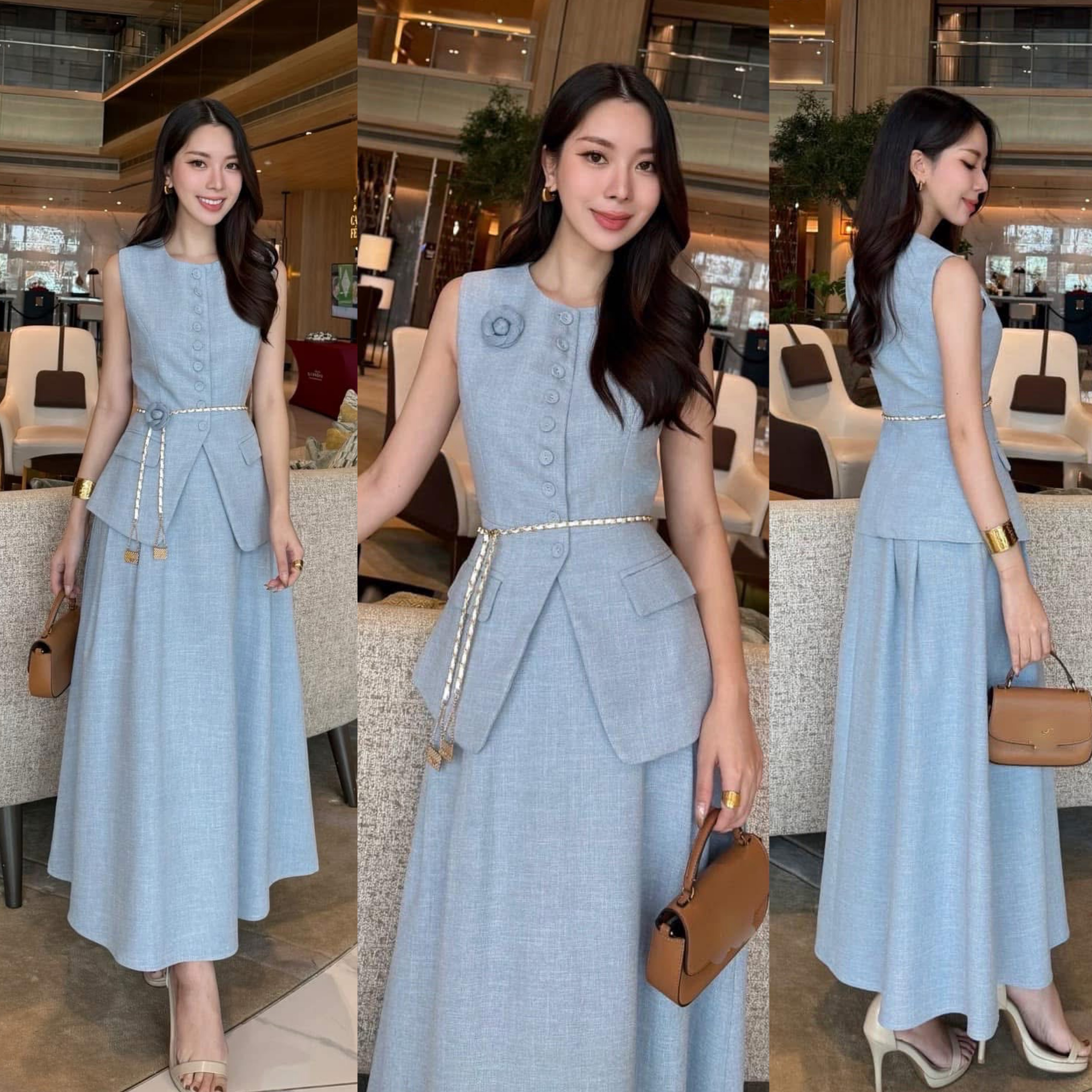 set 4 ชิ้น : เสื้อแขนกุด+กระโปรงยาว+ เข็มกลัดดอกไม้+เข็มขัดโซ่ ใส่สบาย : สินค้าคุณภาพ (พร้อมส่ง)