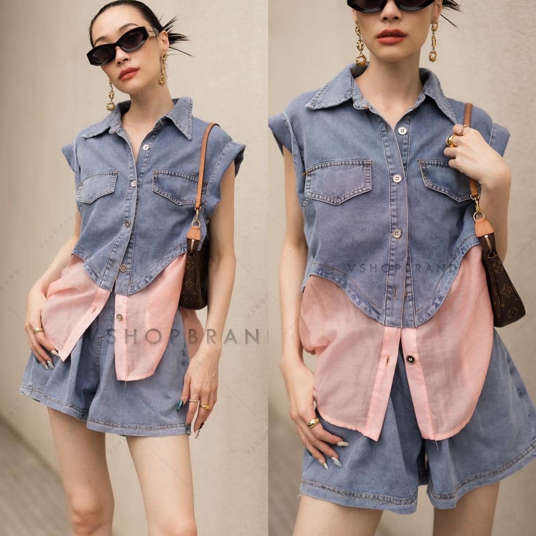 Set เสื้อยีนส์แขนกุด ชายซีทรู + กางเกงยีนส์ขาสั้น สินค้าคุณภาพ (พร้อมส่ง)