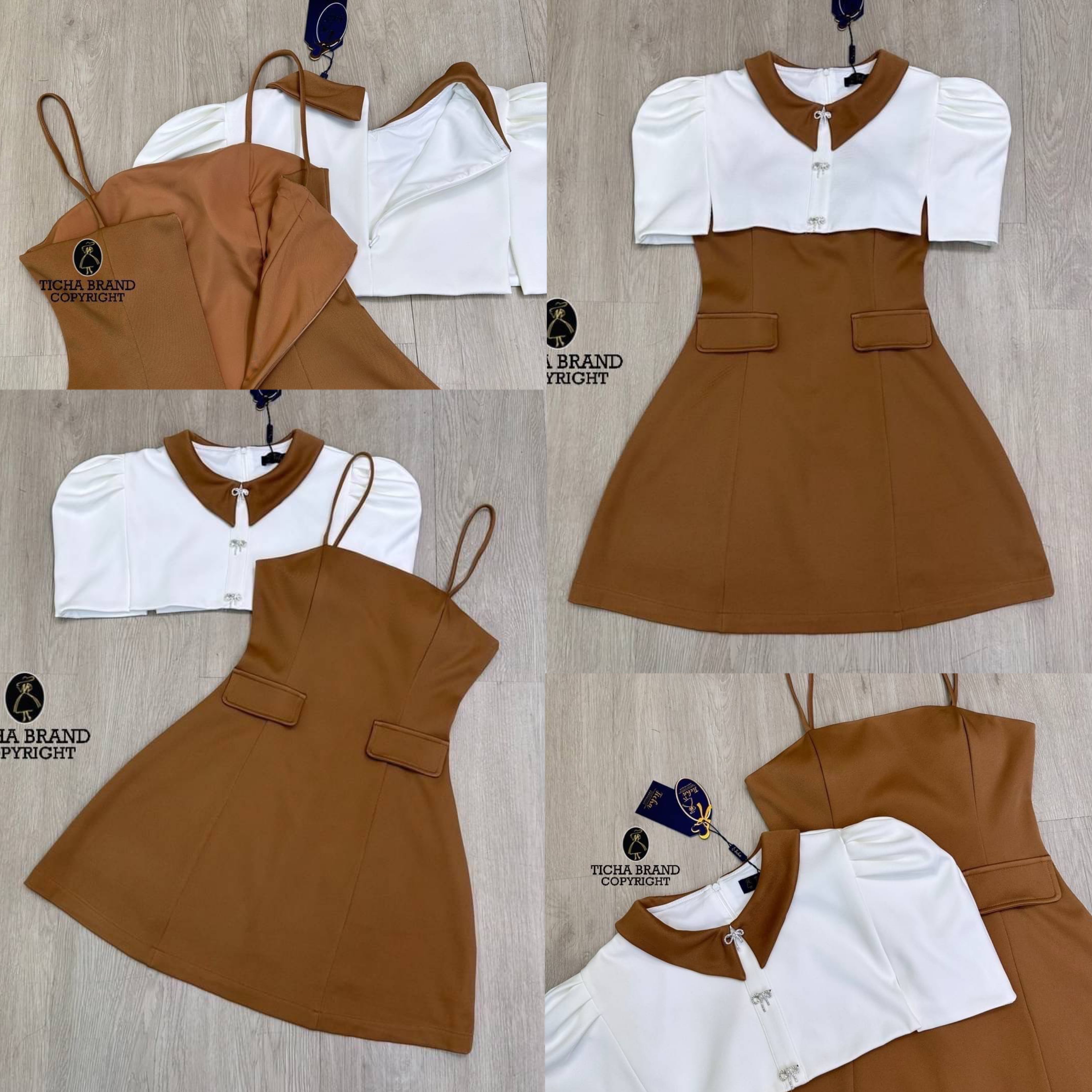มินิเดรส2ชิ้น เดรสสายเดี่ยวสีน้ำตาล อกเย็บเสริมฟองน้ำ มาพร้อมเสื้อคลุมไหล่ตัวสั้นสีขาว(มีซิปหลัง)ช่วงอกมีเข็มกลัดโบว์เพชร มีซับในอย่างดี ทรงสวยแพทเทิร์นเป๊ะมาก ใส่สบาย สินค้าคุณภาพ (พร้อมส่ง)