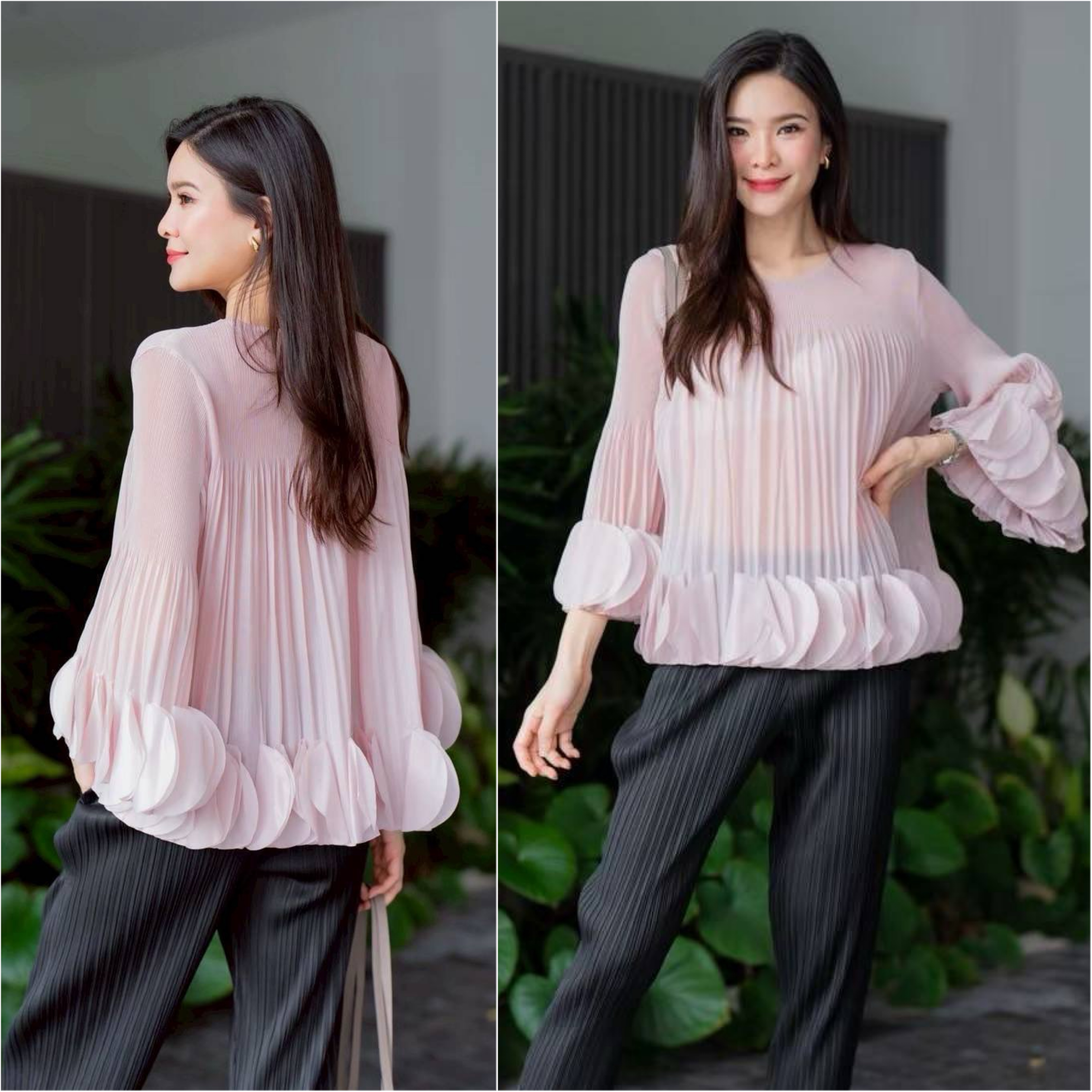 เสื้อคอกลม แขนยาว แบบมีการแต่งระบาย ด้วยการตัด เลเซอร์คัตวงกลมมาซ้อนเรียง ด้วยความประณีต ทำให้ขึ้นพุ่มทรงอย่าง สวยงาม ใส่สบาย : สินค้าคุณภาพ (พร้อมส่ง)