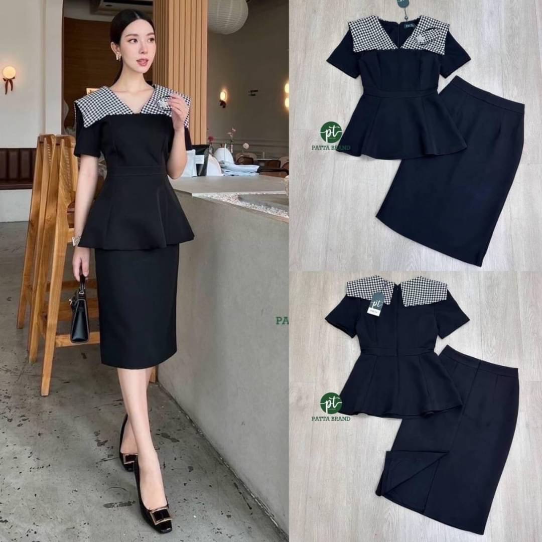 ชุดset2ชิ้นสีดำ เสื้อแขนสั้นดีไซน์เย็บ ปกไหล่ผ้าทอลายตารางและเย็บแต่งอะไหล่เพชร ทรงเข้ารูปสวยชายเสื้อแต่งชาย บานระบาย พร้อม กระโปรงทรงสอบ ทรงสวยเข้ารูป งานซิปหลัง ใส่สบาย สินค้าคุณภาพ (พร้อมส่ง)