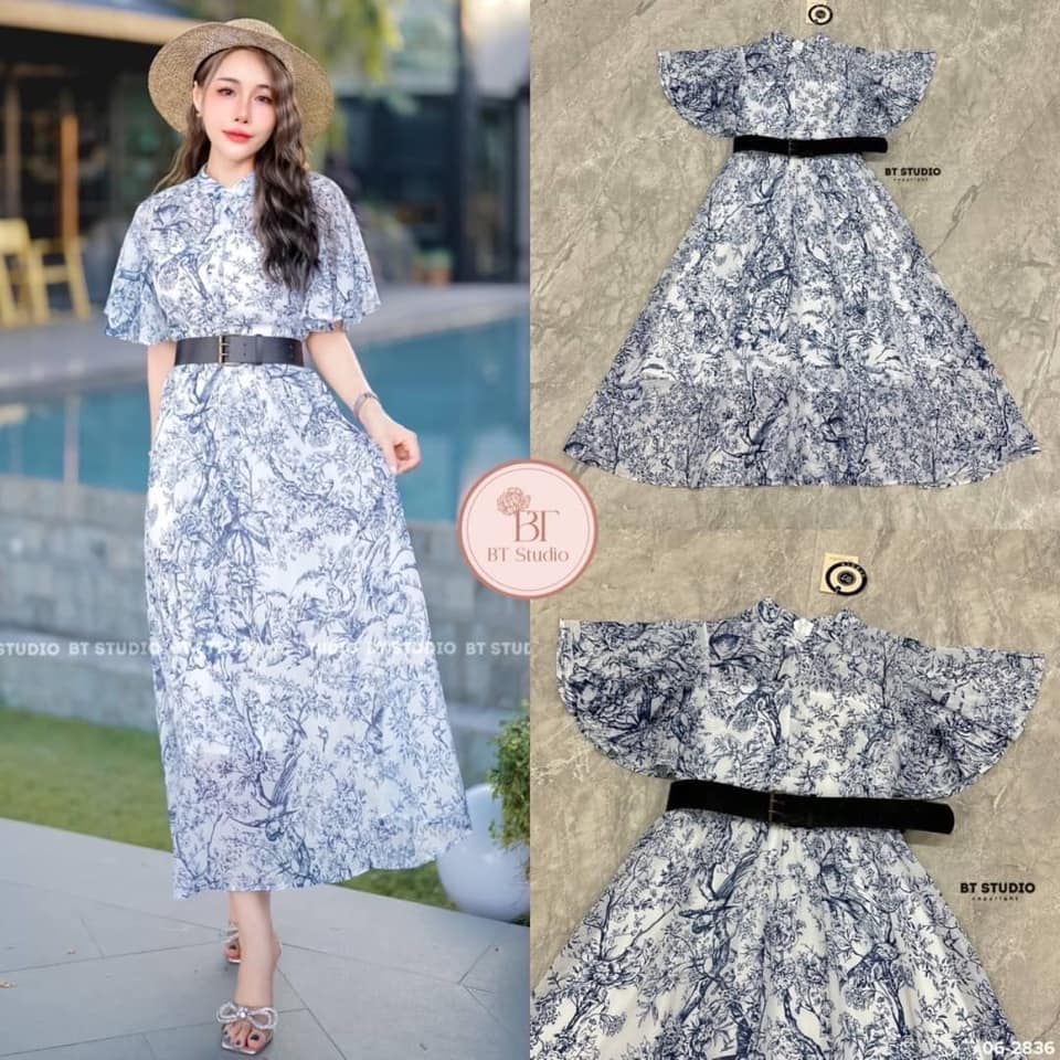 เซท 2 ชิ้น เดรสคลุมเข่าแขนสั้นแต่งแขนระบายพริ้ว ๆ เนื้อผ้าชีฟองพิมพ์ลายพริ้ว ๆ ใส่สบาย มีซับในสั้นด้านใน งานซิปหลัง มาพร้อมเข็มขัดสีดำ ใส่สบาย : สินค้าคุณภาพ (พร้อมส่ง)