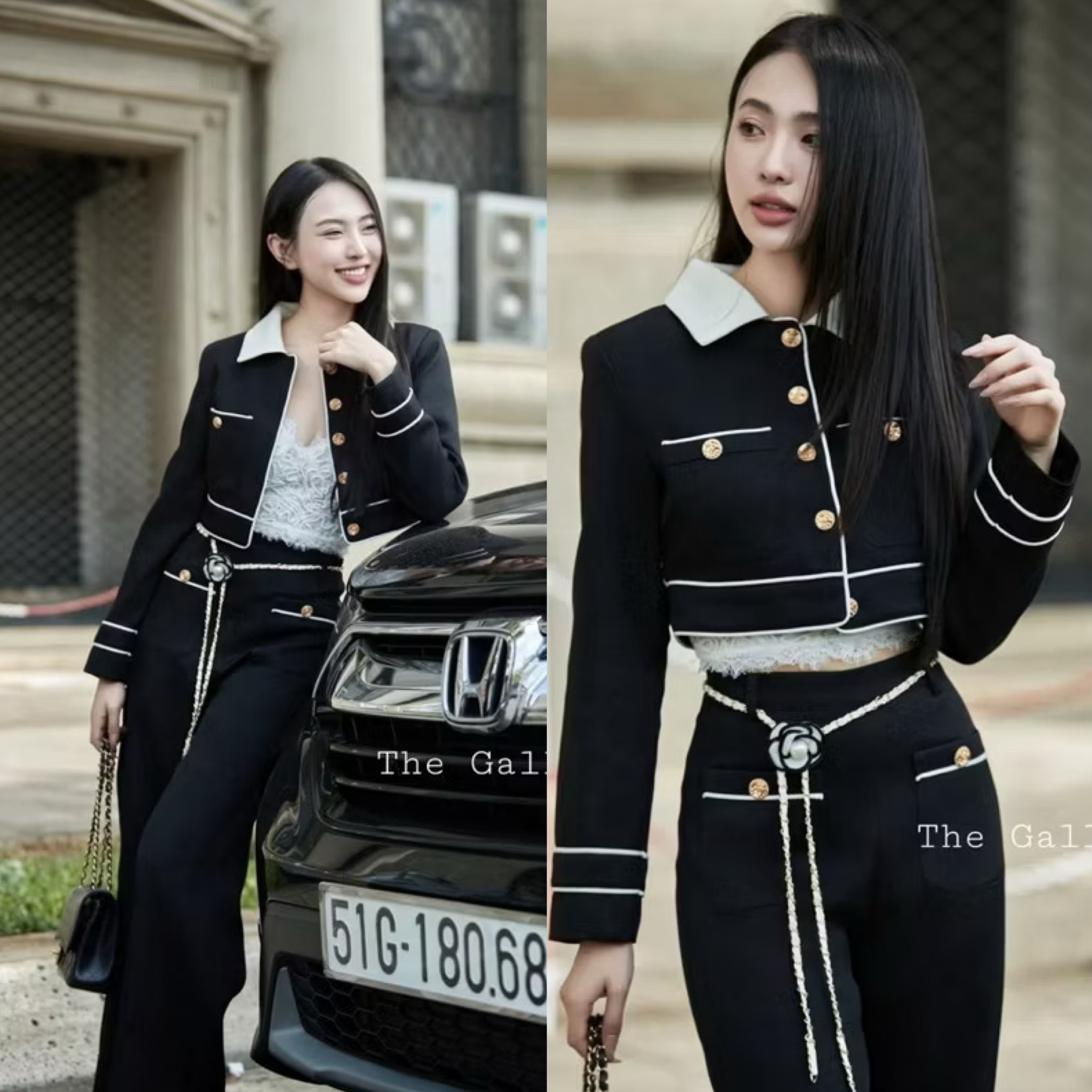 Setชาเนล ตัวแม่หรูหราสุดๆ กับชุดเซ็ต3ชิ้น เสื้อครอปแขนยาวและกางเกงขายาวสุดชิคมาพร้อม เข็มขัดโซ่ดอกไม้ ใส่สบาย : สินค้าคุณภาพ (พร้อมส่ง)