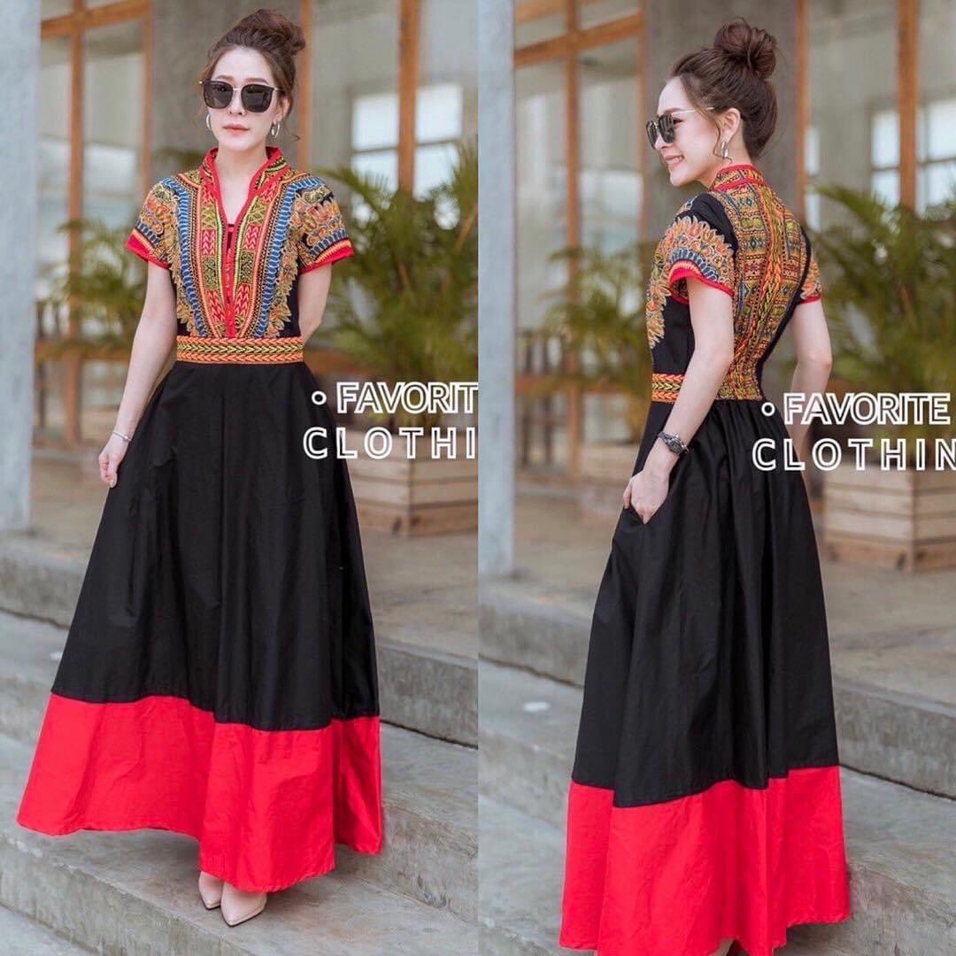 แม็กซี่เดรสคอจีน พิมพ์ลายสไตล์โบฮีเบียน เย็บแต่งด้วยผ้าพื้น ทรงเดรสบานสวิงสวย ใช้ผ้าเยอะมากกกก สินค้าคุณภาพ (พร้อมส่ง)