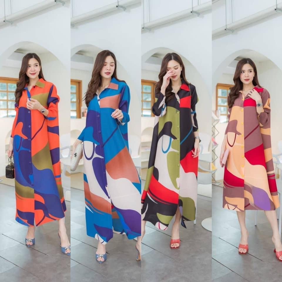 เดรสตัวยาวอัดพลีท คอปก กระดุมหน้า แขนยาว งานสวย เกรด Premium ผ้าลายกราฟฟิคเริ่ดๆ 👍🏻 สินค้าคุณภาพ (พร้อมส่ง)