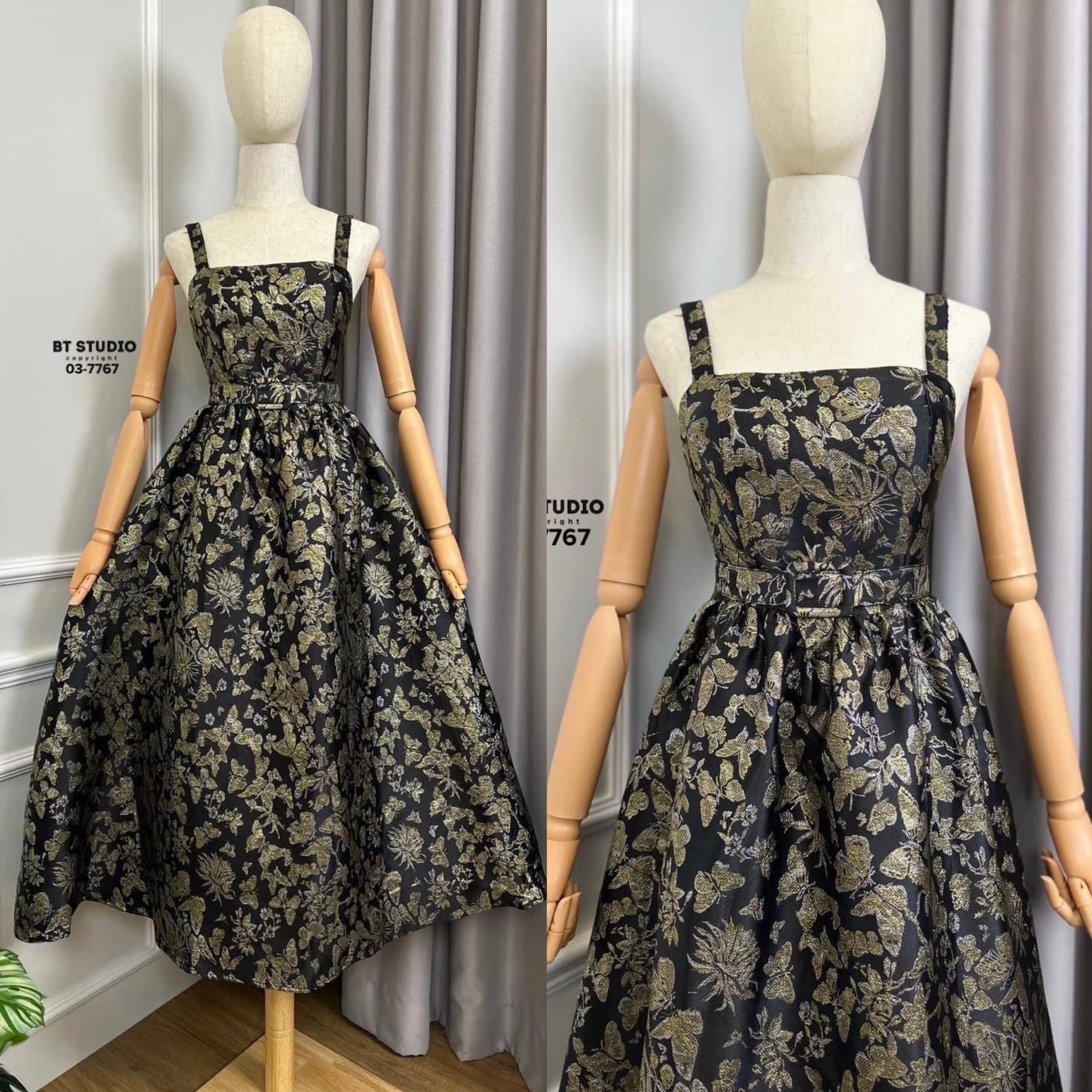 เดรสกระโปรงยาวสายเดี่ยวดีเทลผ้า ทอลายผีเสื้อสีทองทอลงบนเนื้อผ้าเรียบ งานสวย เนื้อผ้าดี คัตติ๊งสวยมีซับใน มาพร้อมเข็มขัดลาย เดียวกันงานสวยมาก ใส่สบาย : สินค้าคุณภาพ (พร้อมส่ง)