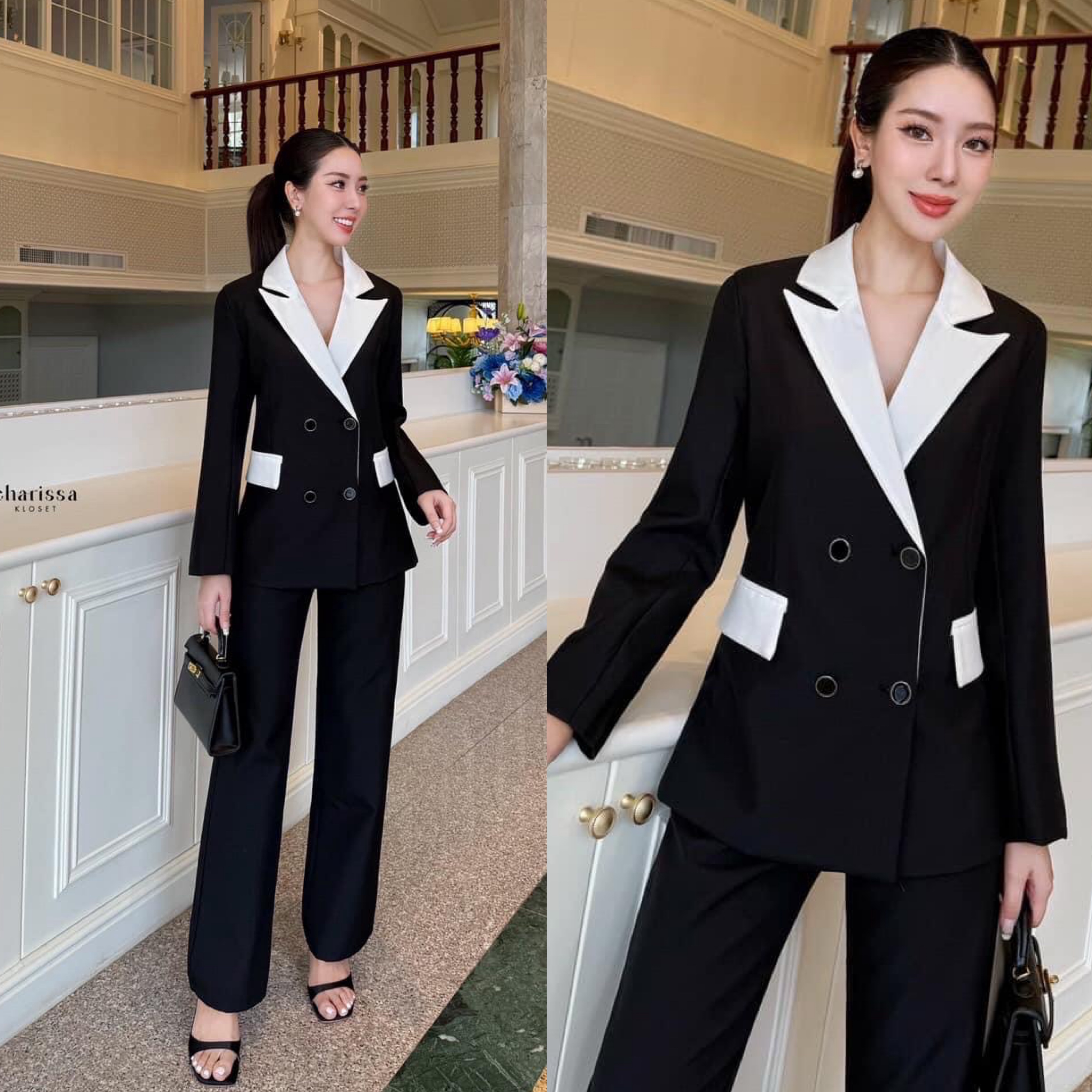 เซตทูโทน ตัวเสื้อแต่งกระดุมด้านหน้า 4 เม็ด มีซับในทั้งชุด เข้ารูปสวย ปลายแขนเสื้อแต่งกระดุมให้ดูสวย มาพร้อมกับกางเกงทรงกระบอก ใส่สบาย : สินค้าคุณภาพ (พร้อมส่ง)