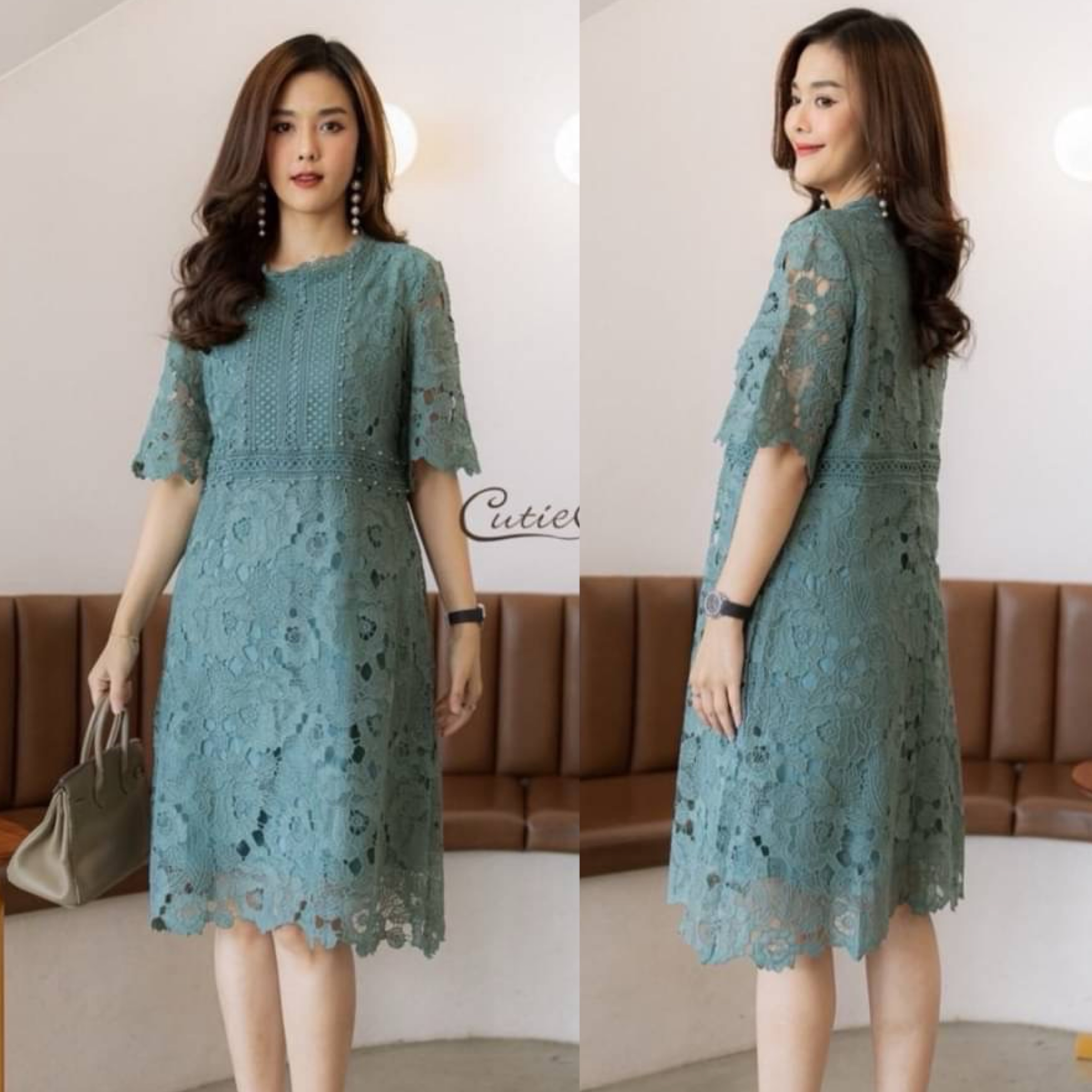 เดรสลูกไม้ มีซิบซ่อนหลัง ใช้ลูกไม้คนละลาย วางตัดกันได้อย่างลงตัว ตอกมุกสีเดียวกับชุด มีซับในทั้งตัว ใส่สบาย : สินค้าคุณภาพ (พร้อมส่ง)