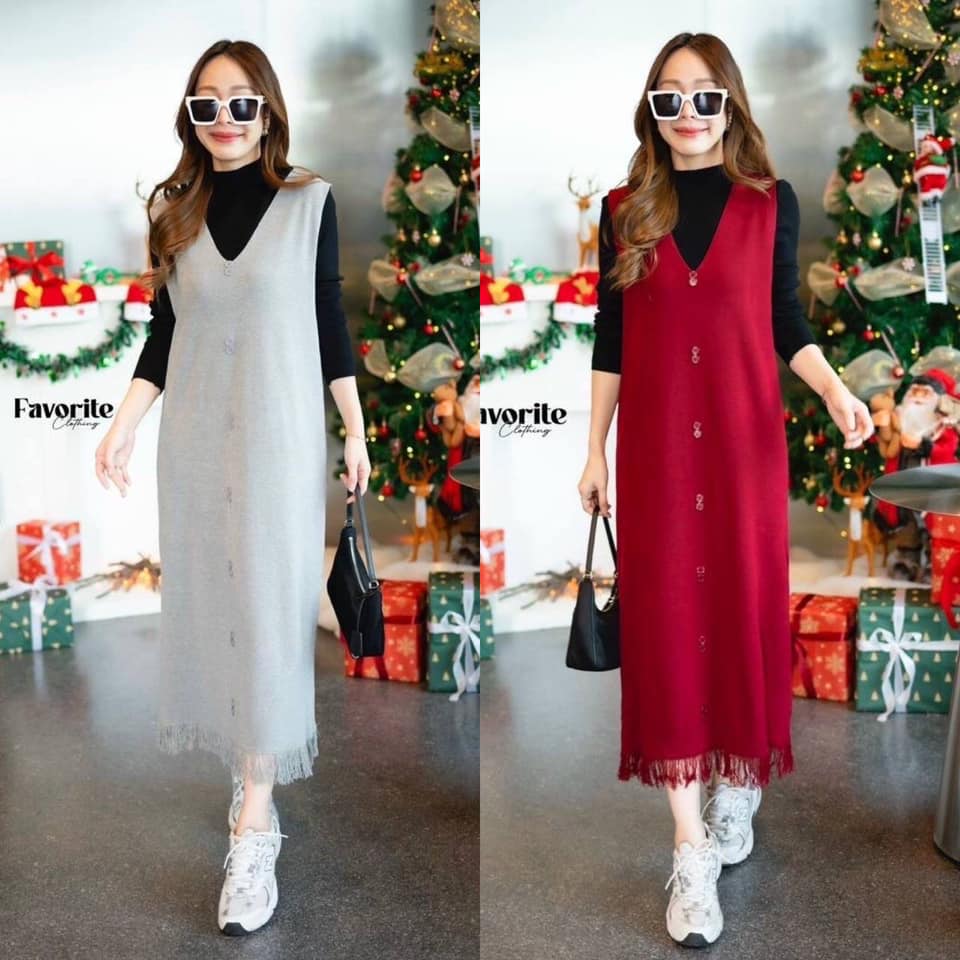 Set เดรสแขนกุดคอวี ดีเทลแต่งชายรุ่ย เย็บแต่งกระดุมด้านหน้า มาพร้อมเสื้อแขนยาวคอปิด ใส่สบาย : สินค้าคุณภาพ (พร้อมส่ง)