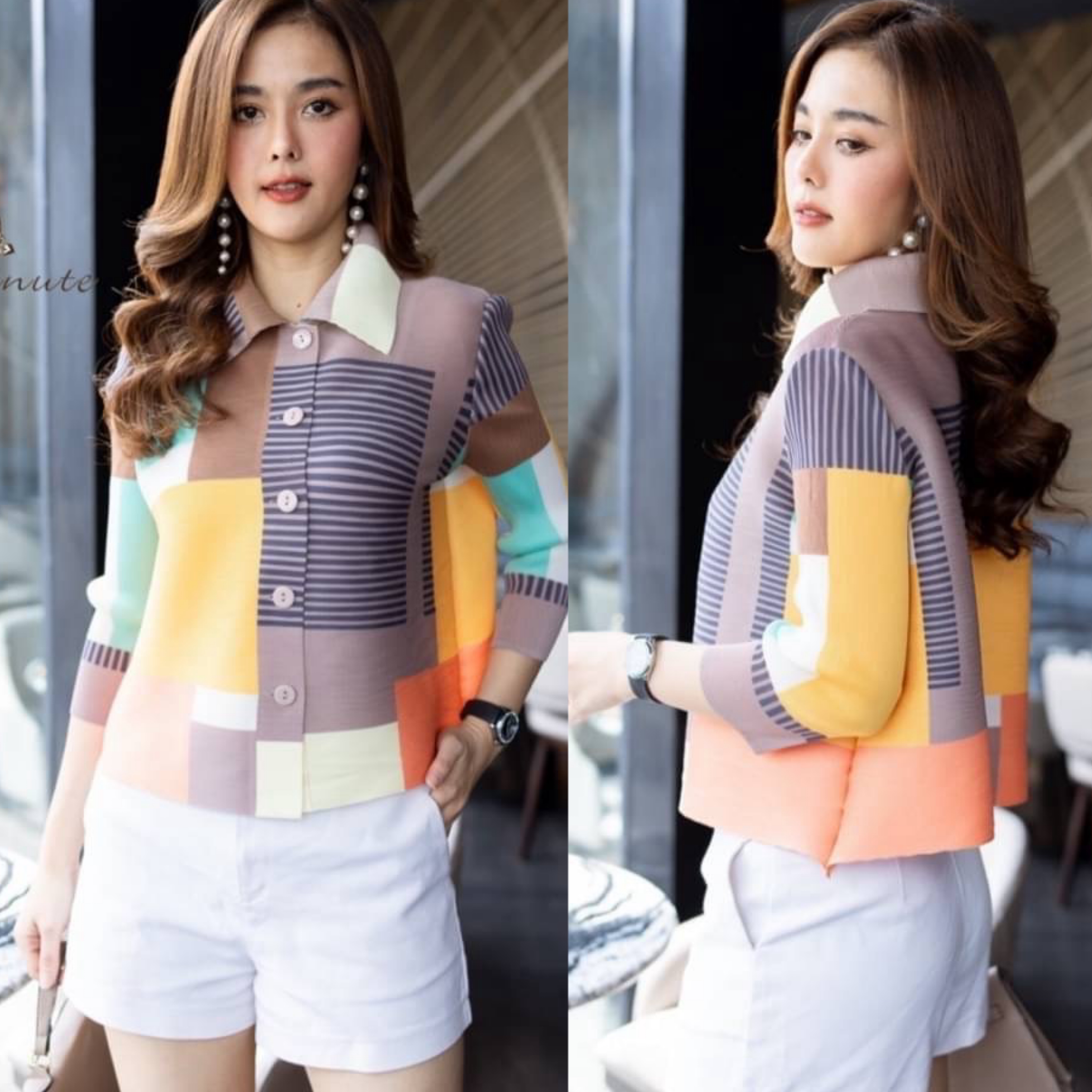 Cutie Minute เสื้อผ้าอัดพลีท Premium Pleated fabric ลวดลายกราฟฟิคผสมผสานสีสันทำออกมา ได้อย่างลงตัว ใส่สบาย : สินค้าคุณภาพ (พร้อมส่ง)