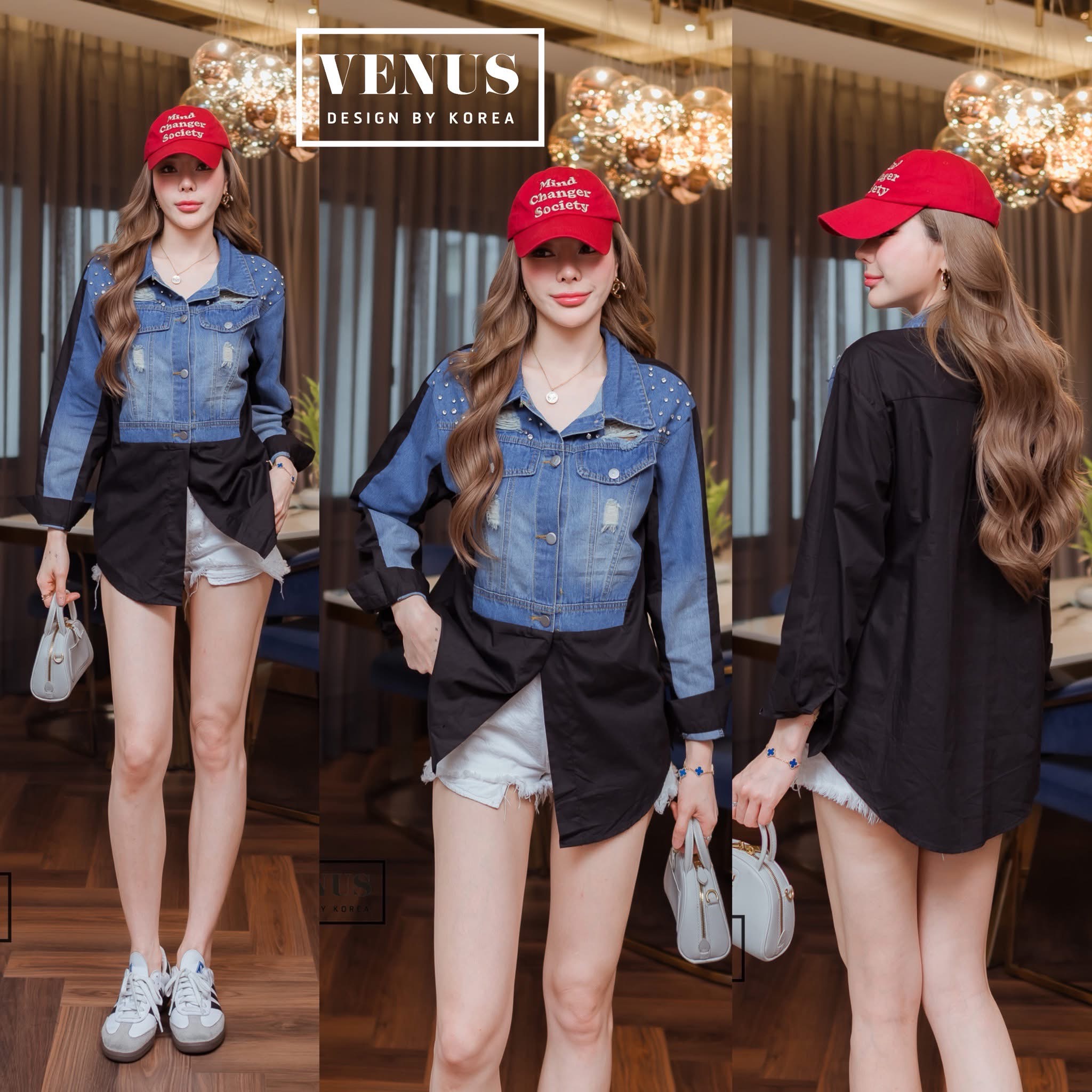 เสื้อเชิ๊ตแต่งผ้ายีน ทรงโอเวอร์ไซต์งานสวยเป๊ะมากๆนะคะ ดีเทลแต่งเพชรเวอร์วังสุดๆคะ ใส่สบาย : สินค้าคุณภาพ (พร้อมส่ง)