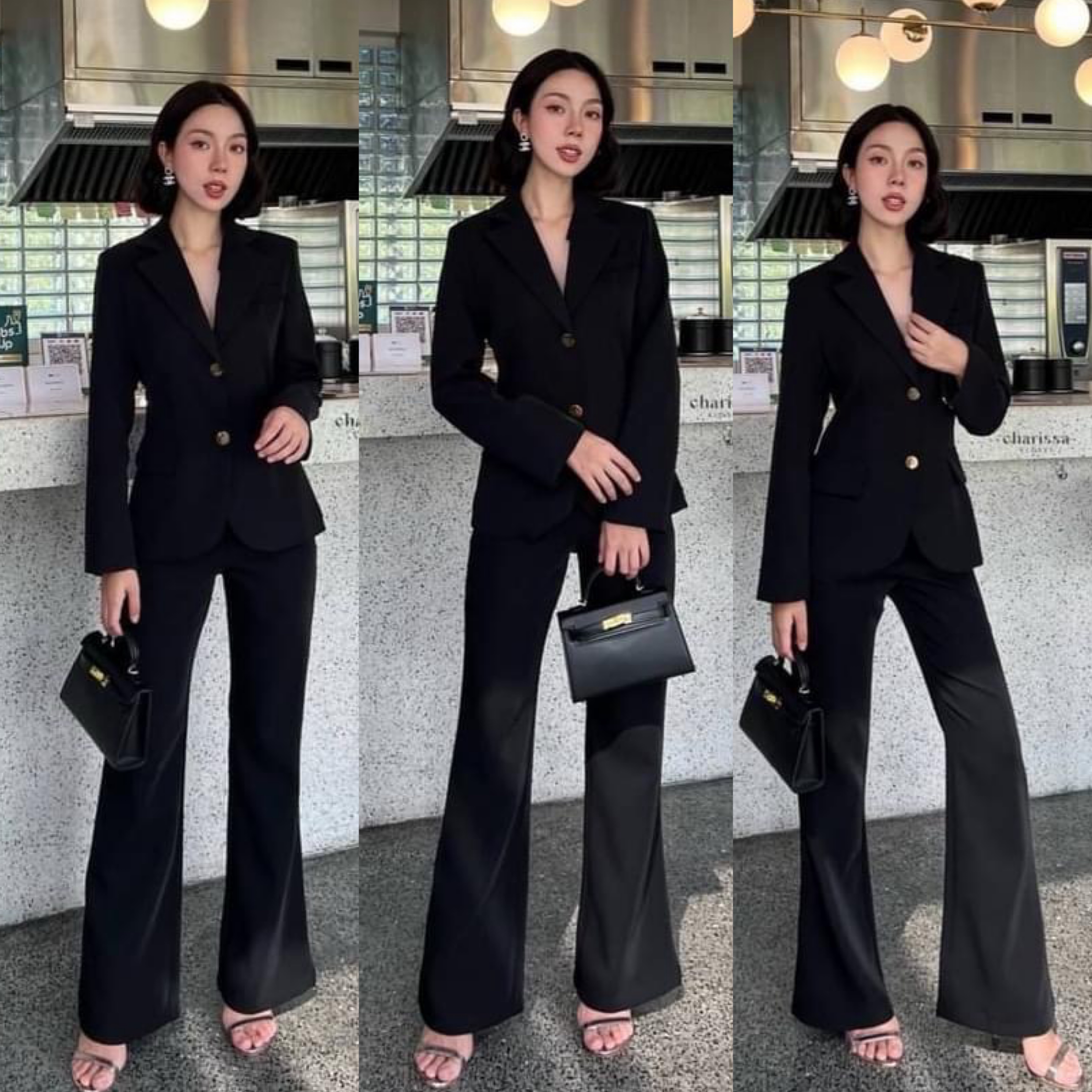 set suit เสื้อ+กางเกง ตัวเสื้อแต่ฃกระดุมทอง 2 เม็ดติดได้จริง กระเป๋าจริง มีซับในทั้งตัวค่ ะ ปลายแขนเสื้อแต่งกระดุม มาพร้อมกับกางเกงขาบานปลายเล็กน้อยทรงflare ซิปหลัง สินค้าคุณภาพ (พร้อมส่ง)