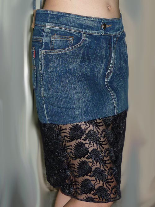 #1กระโปรงยีนส์สั้นต่อผ้าลูกไม้โปร่ง 29.5-36-19