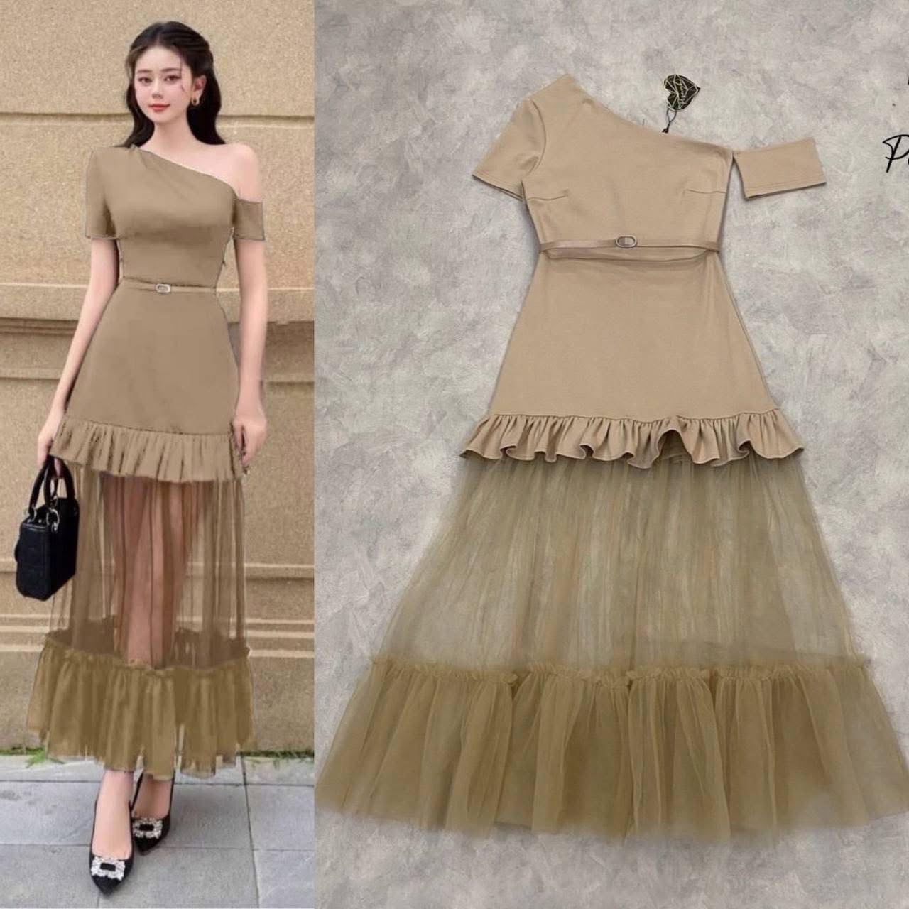 เดรสไหล่เดียวทรงเปิดไหล่เฉียงแต่งชายซีทรูลูกไม้อลังๆ ใส่สบาย : สินค้าคุณภาพ (พร้อมส่ง)