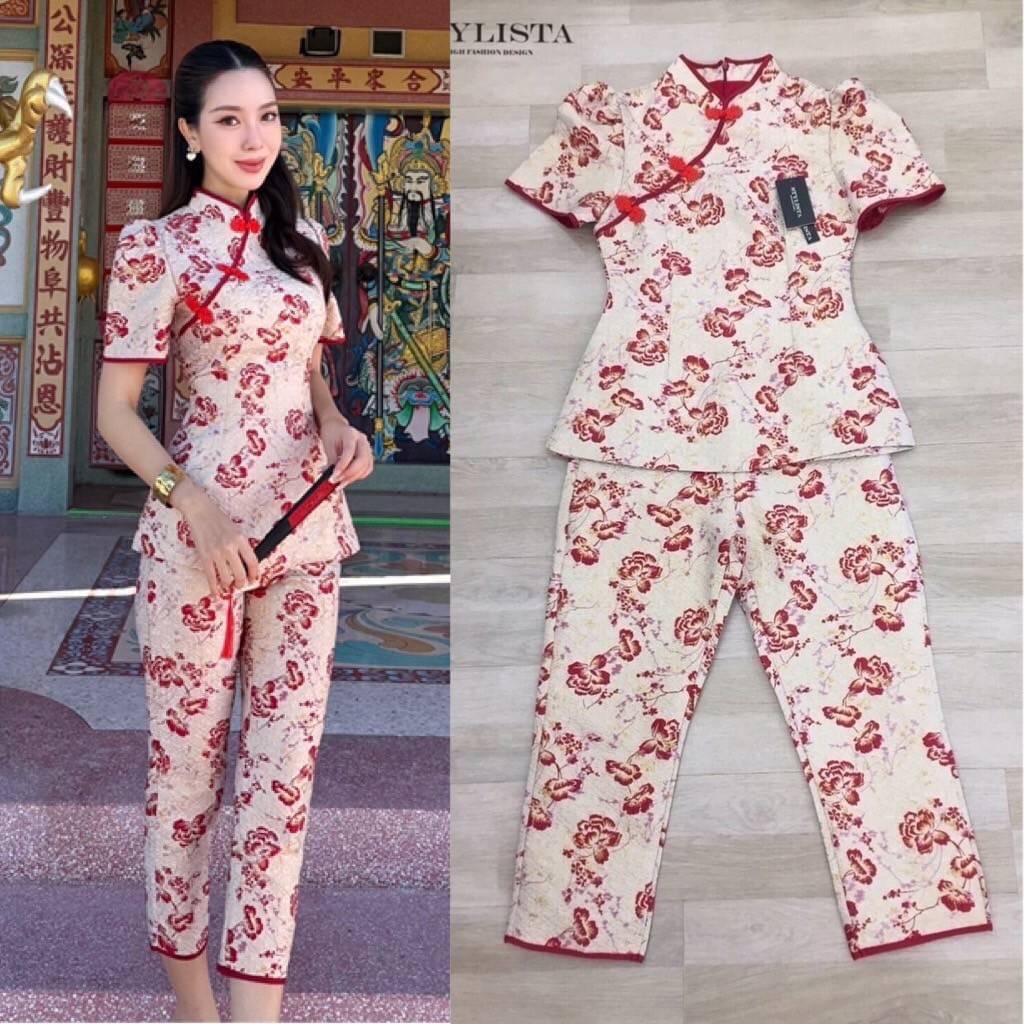 กี่เพ้า เซตเสื้อแขนสั้น คอจีน มาพร้อมกางเกง เข้าชุดใส่สวยน่ารักมากๆ ใส่สบาย : สินค้าคุณภาพ (พร้อมส่ง)