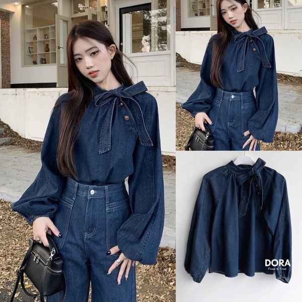 เสื้อเชิ้ตยีน แต่งกระดุม มีเชือกผูกโบ น่ารักสวยผ้าดีใส่ได้ตลอดทรงดีใส่ สบายมาก ใส่สบาย : สินค้าคุณภาพ (พร้อมส่ง)